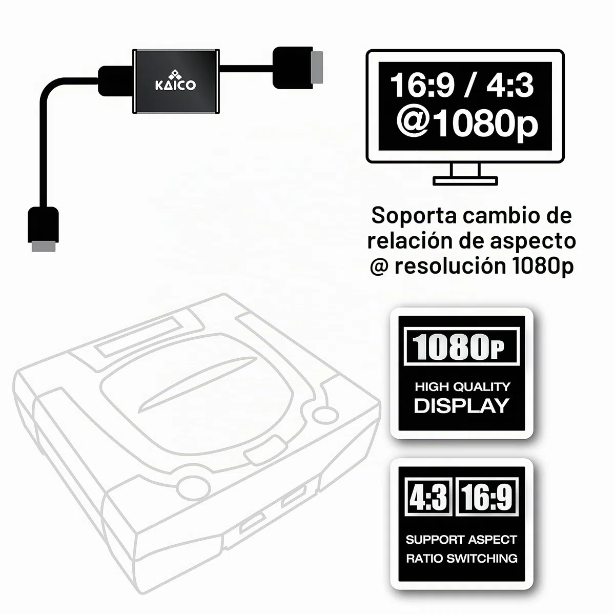 Kaico Adaptador HDMI Sega Saturn 1080p - para Uso con Sega Saturn - Soporta Salida de Video S - Soporta Consolas PAL y NTSC - Interruptor de relación de Aspecto para 16:9 o 4:3