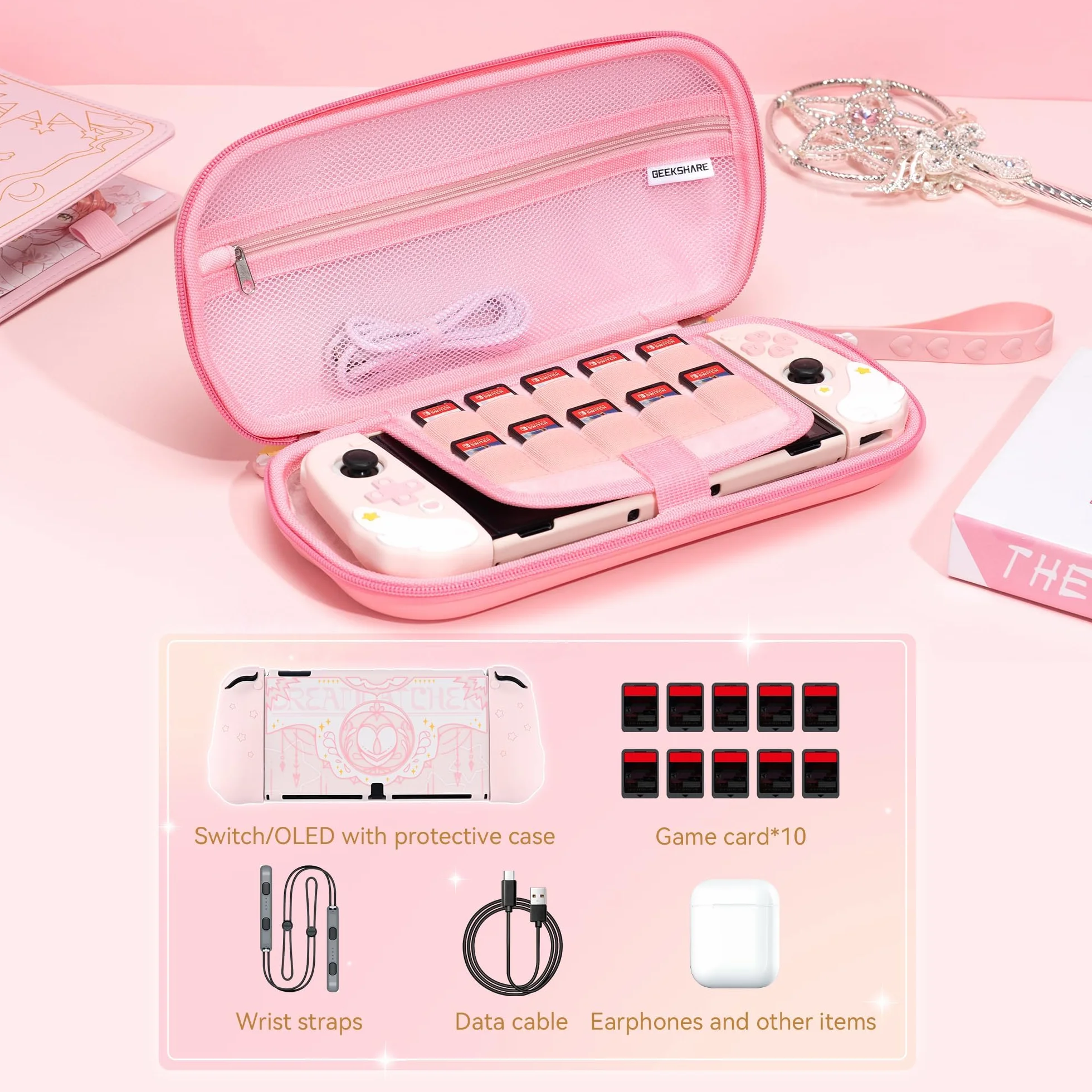GeekShare Estuche Rígido Rosa Compatible con Switch/Switch OLED, Anti-Caída Impermeable Gran Capacidad Compatible con Consola Switch y Accesorios de Juego - Star Wing, Rosa, Organizador de Bolsa