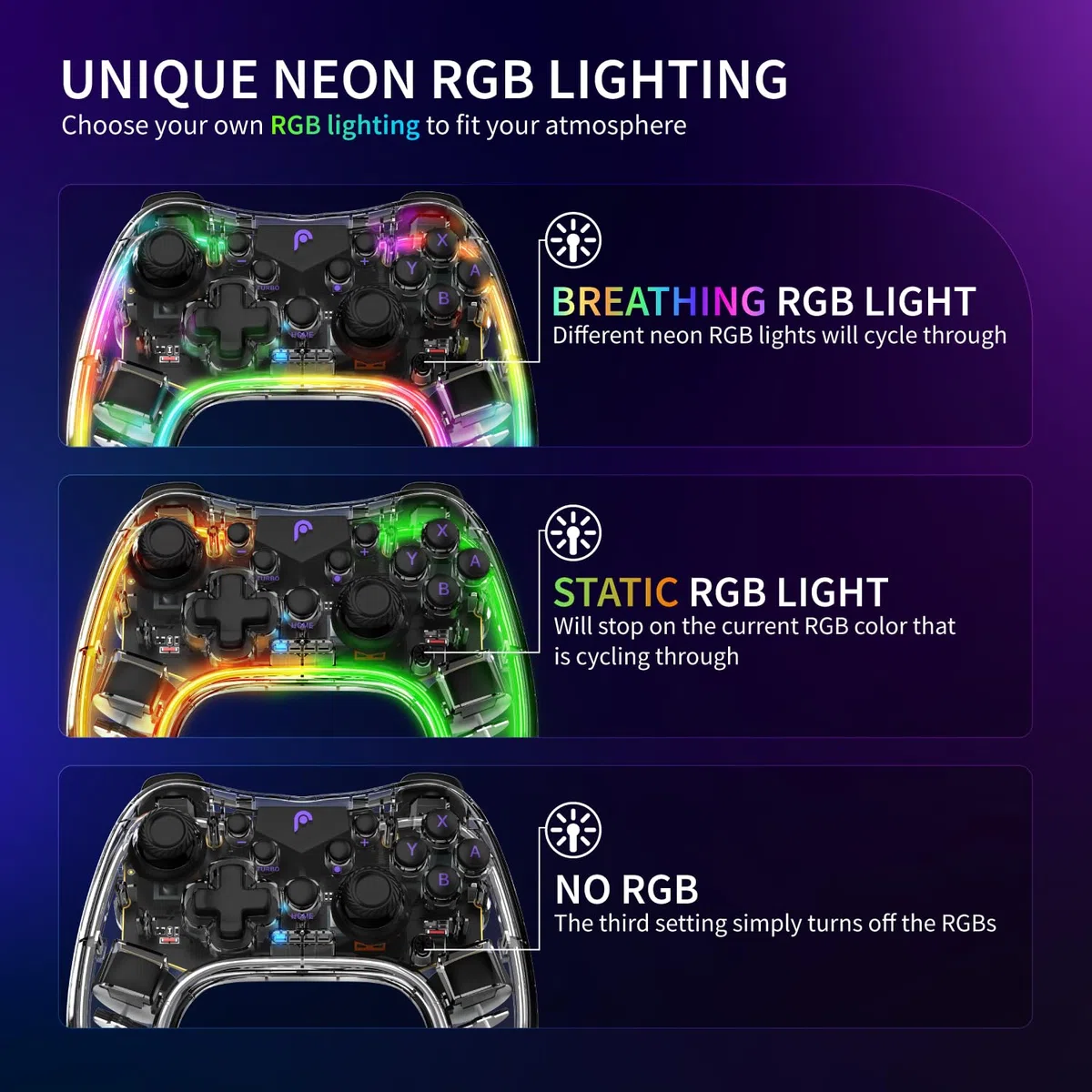 Fosmon Controlador Inalámbrico, Controlador Gaming con Luces RGB para Switch/Lite/OLED y Android/iOS/PC/Steam/Apple Arcade MFi Games, Controlador Switch Pro con Función Turbo y Vibración