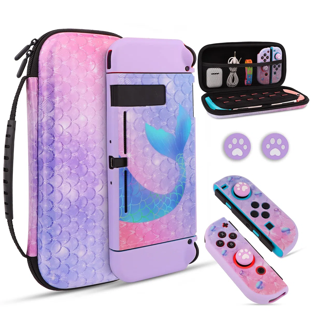JYPS Sirena Funda para Nintendo Switch, Estuche de Transporte para Accesorios de Consola y Tarjetas de Juego, Rígido Bolsa de Viaje Protectora con asa para Switch para niñas(Morado)