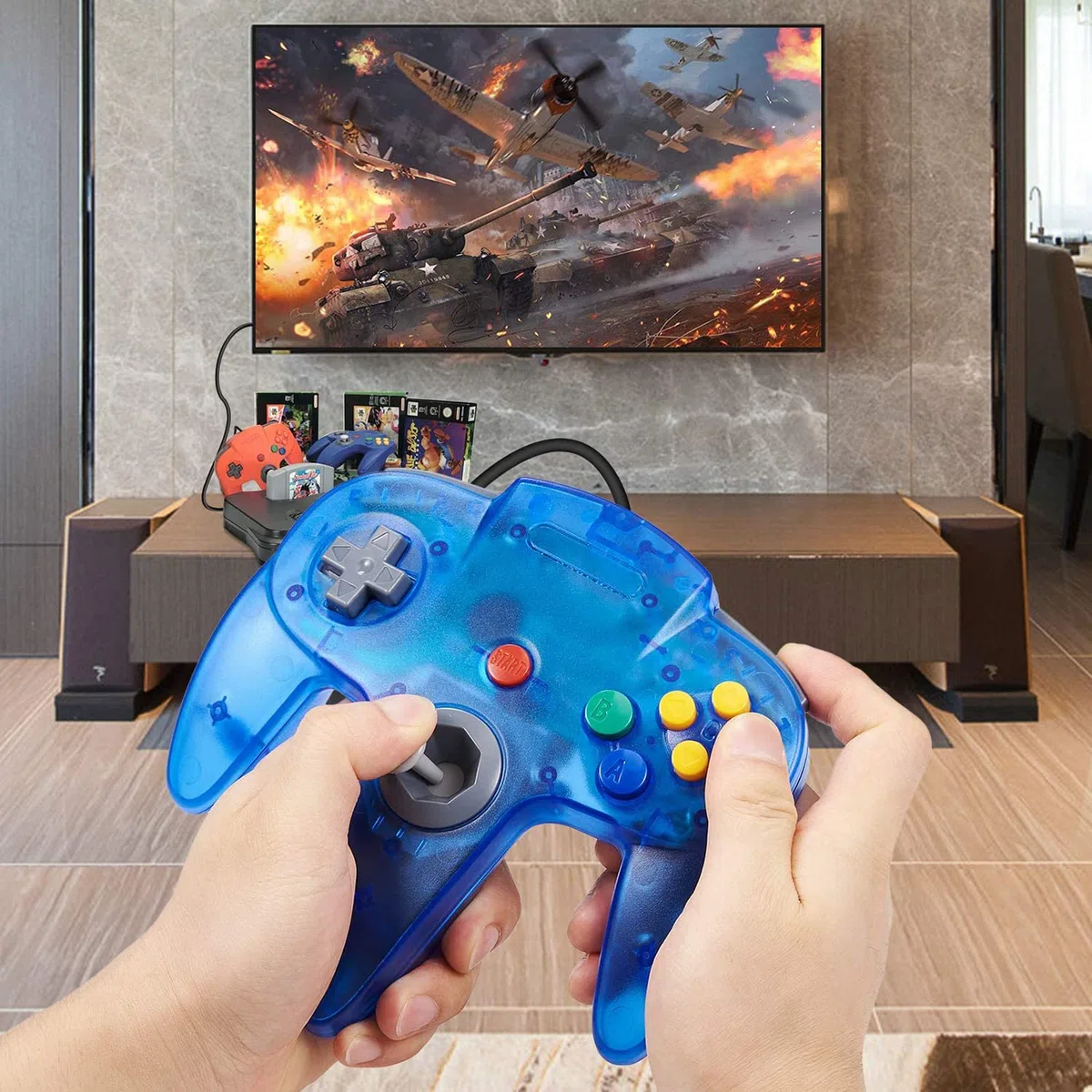Hovlian Paquete de 2 mandos clásicos, con cable de 64 bits para consola N64 (azul transparente y morado transparente)