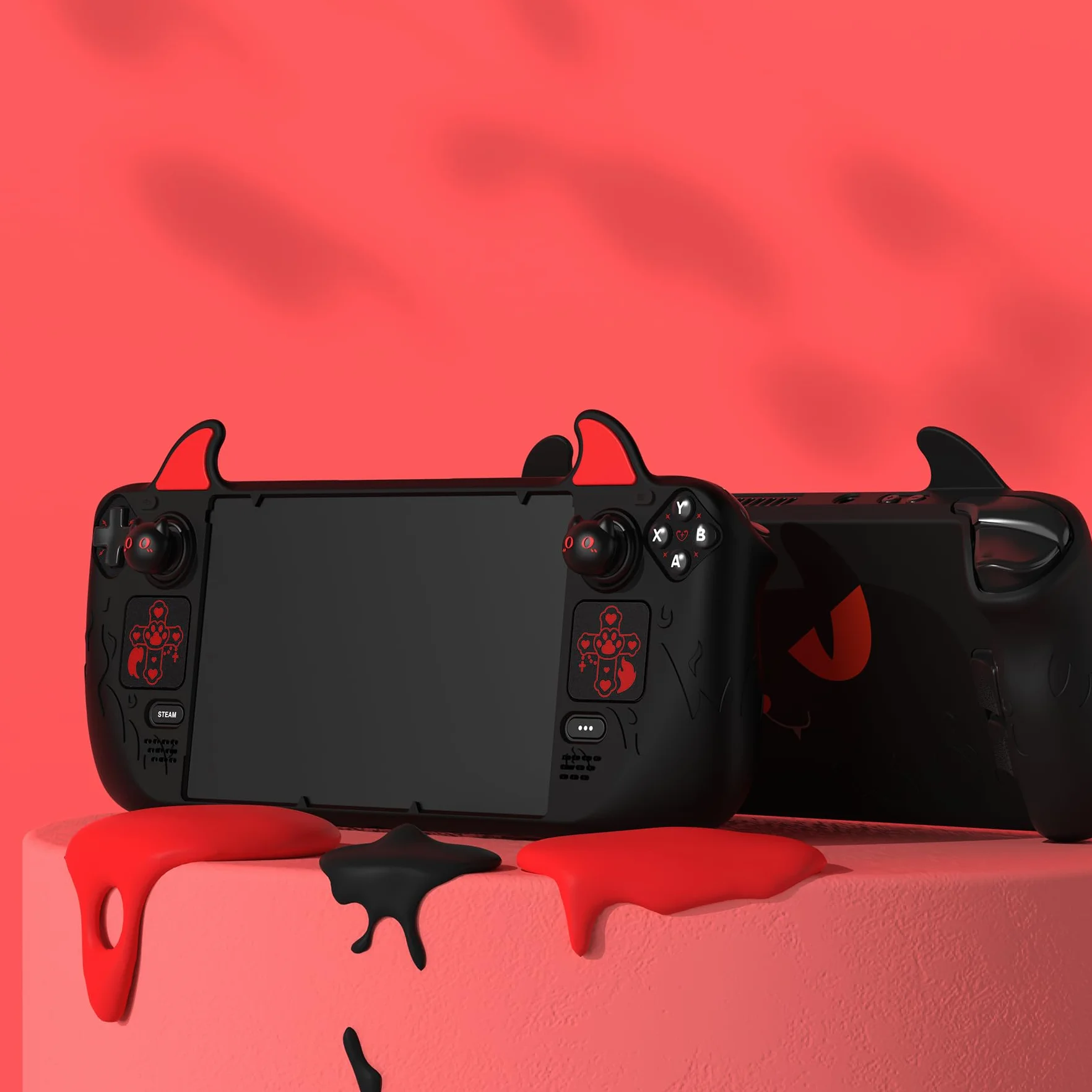 PlayVital Funda de Silicona para Steam Deck LCD & OLED - Protector Antideslizante con Tapas de Joystick & Pegatinas para Trackpad & Mejora de Botones Traseros Set, Diseño Cute Demon (Negro)