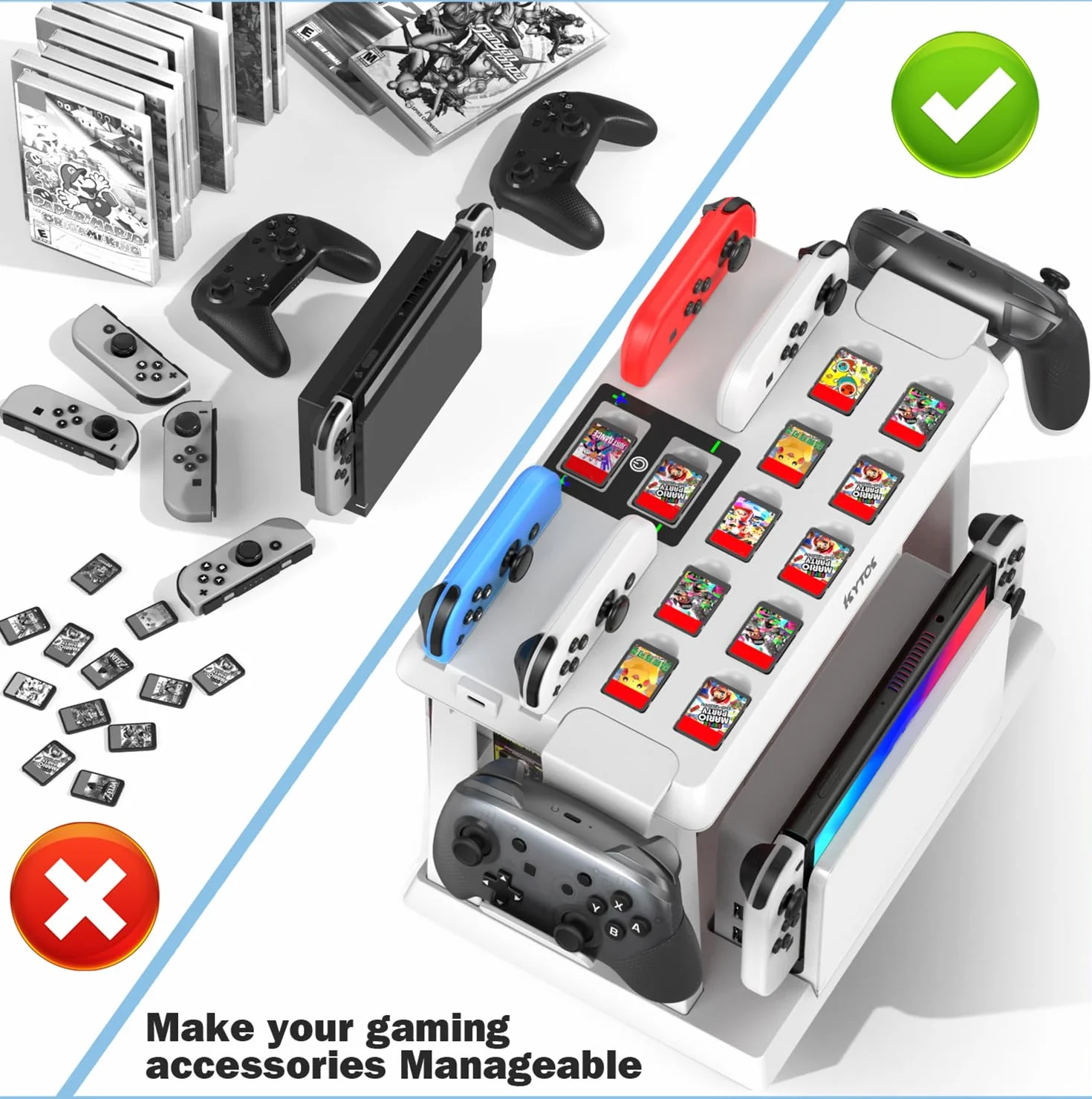 Kytok Soporte Almacenamiento para Nintendo Switch/OLED con Cargador para Joycon, Torre Almacenamiento para Accesorios de Switch, Soporte Organizador para Nintendo Switch Juegos, Mando Pro y TV Dock