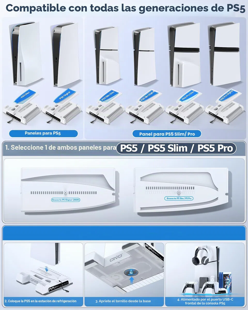 OIVO Soporte para PS5/PS5 Slim/PS5 Pro con Ventilador de 3 Velocidades, Cargador para Mando PS5, Soporte PS5 Vertical con 3 Puertos USB y Ranuras de 14 Juegos, Almacenamiento para PS5