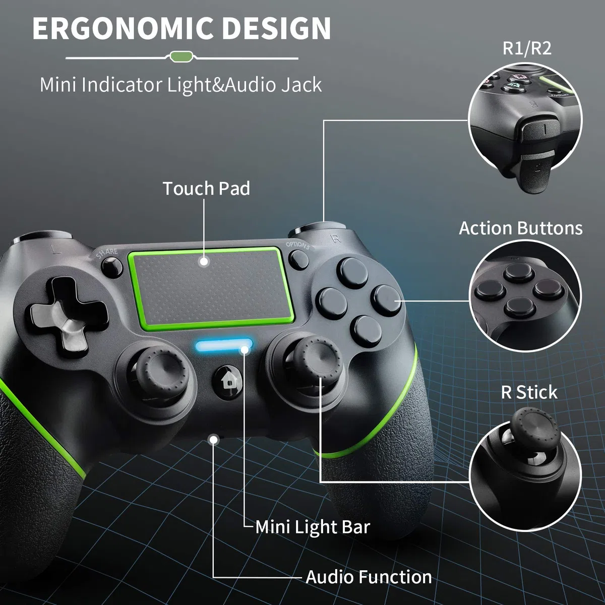 Mando para PS-4, Mando Inalámbrico Mando Bluetooth Compatible con PS-4/Pro/Slim/PC, Gamepad Jostick con Vibración, Turbobotón, Giroscopio De 6 Ejes, Panel Táctil, Audio Jack