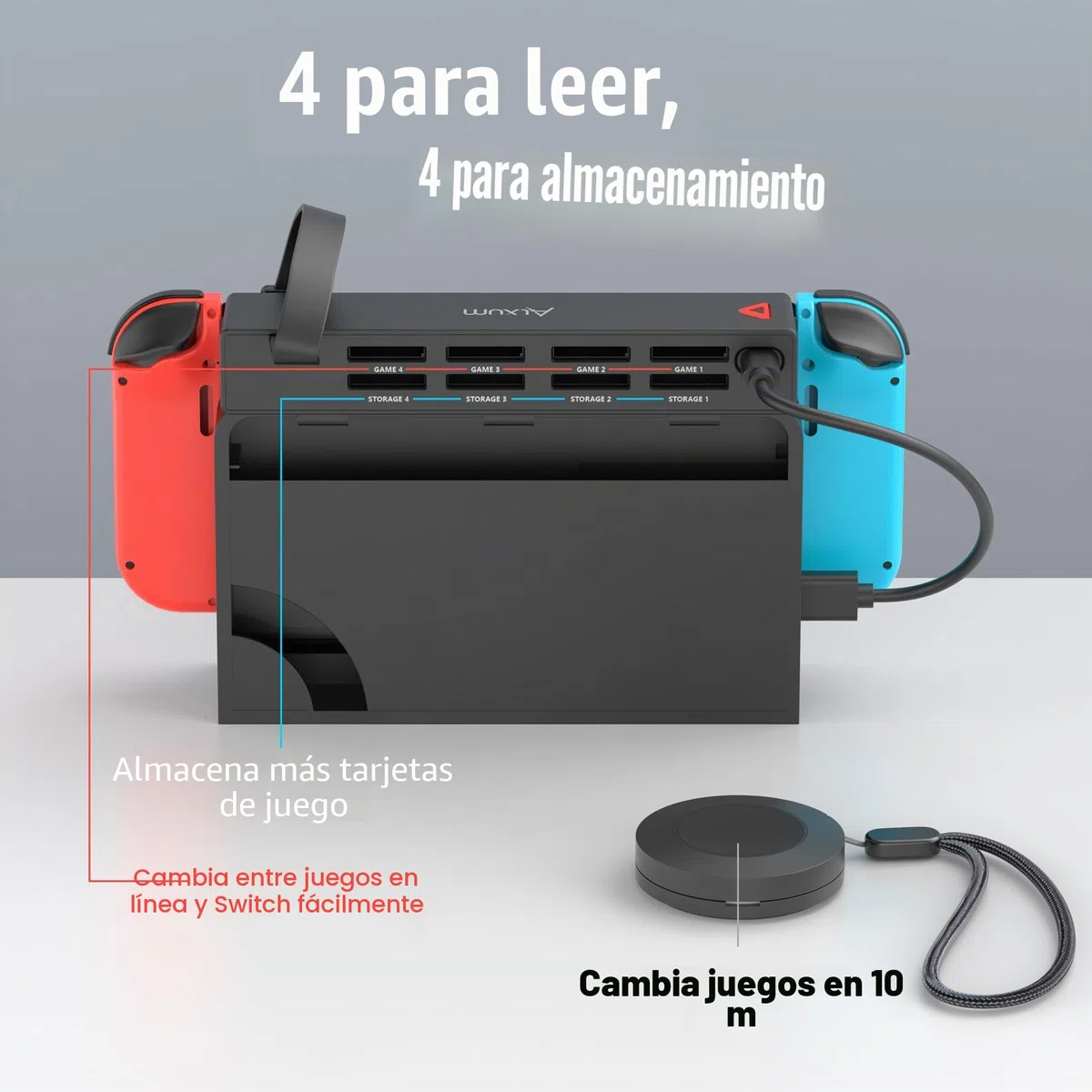 Alxum Switch Lector de Tarjetas de Juego con Mando a Distancia, 8 en 1 Multi Game Card Holder Compatible para Nintendo con 4 Gaming Cards Switcher y 4 para Almacenamiento de Tarjetas