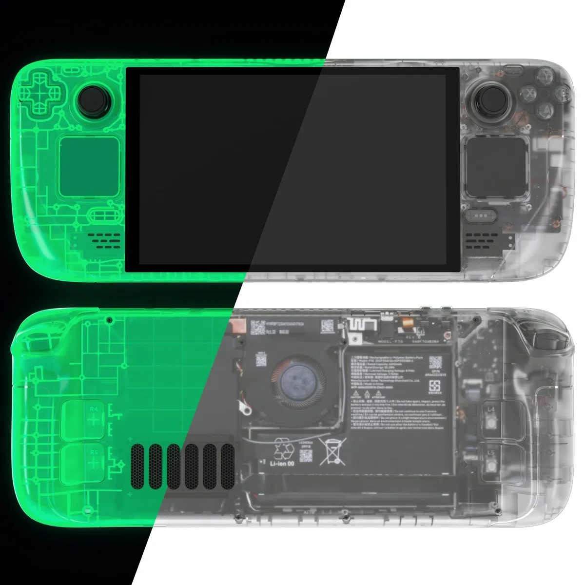 eXtremeRate Carcasa Transparente Compatible con Steam Deck OLED Accesorio Placa Frontal Cubierta Trasera y Trackpad Funda Case con Botones para Steam Deck OLED-Consola NO Incluida(Brilla en Oscuridad)