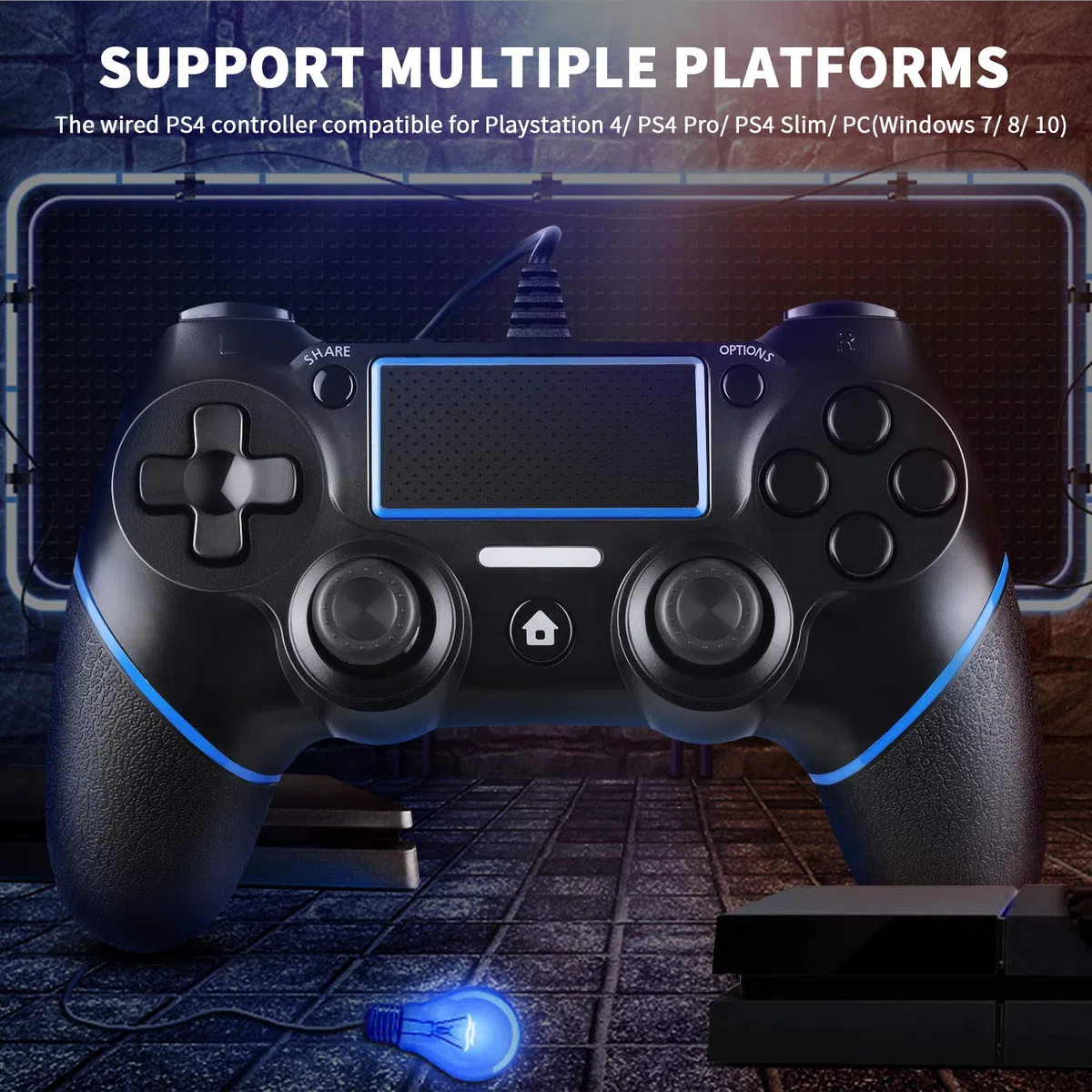 Mando para PS-4, Controlador De Juegos Con Cable para Play-Station4 / Pro/Slim/PC, Gamepad Con Vibración Dual, Agarre Antideslizante y Cable USB De 2,1 m（Negro）