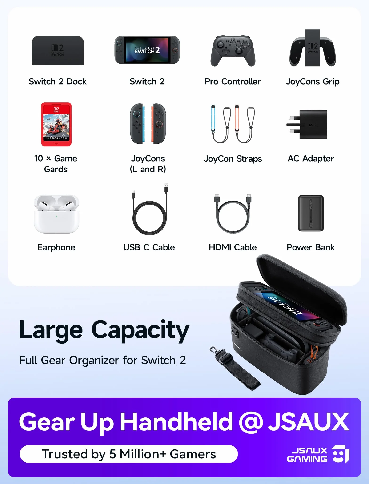 JSAUX Funda Todo-en-Uno para Nintendo Switch 2, Bolsa de Viaje para Dock, Mando Pro y Accesorios, Compatible con Consola con Funda, Gran Capacidad – Negro