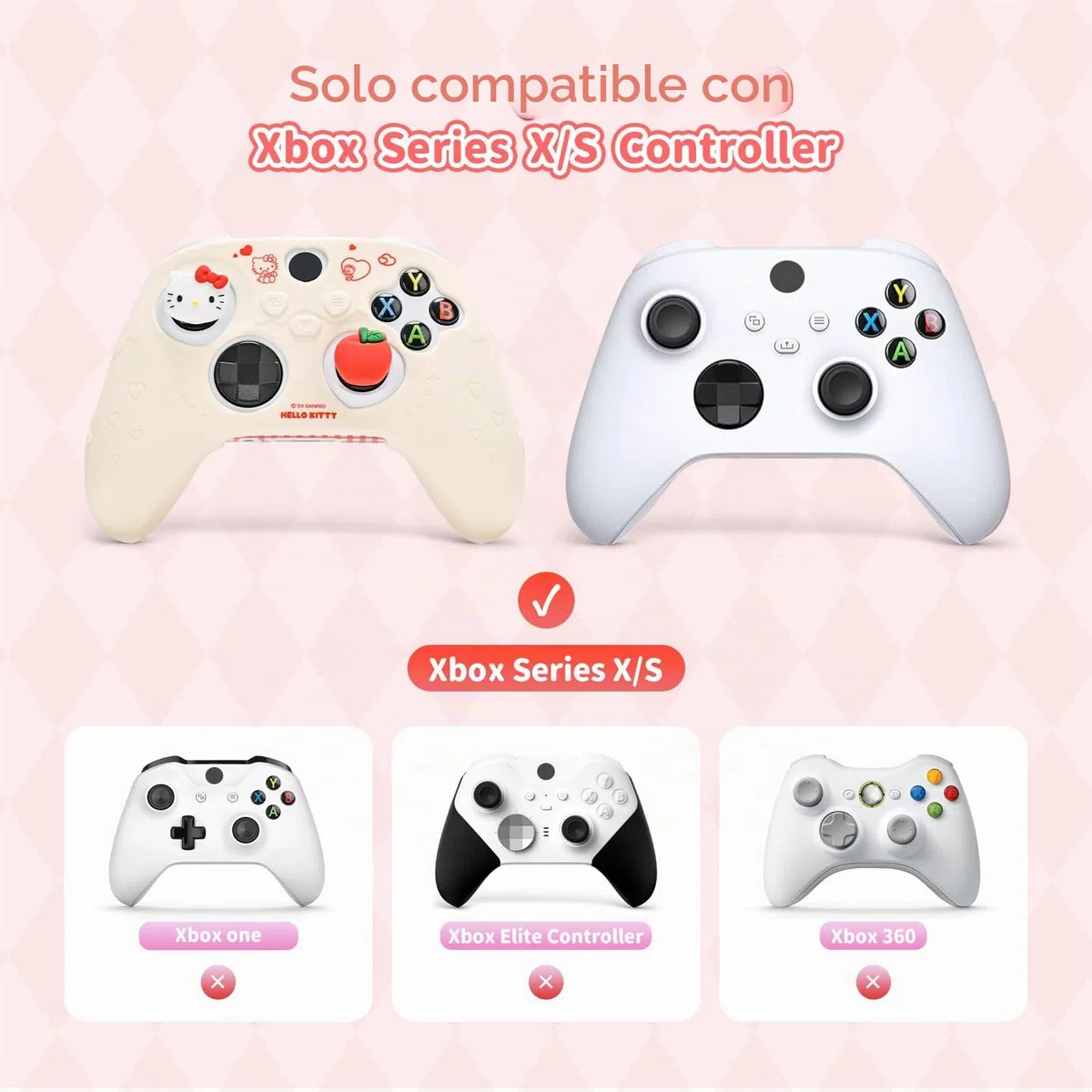 Kuitmor Funda protectora antideslizante de silicona suave compatible con mando de Xbox con 2 tapas de agarre para el pulgar y 1 adhesivo (beige Hello Kitty)