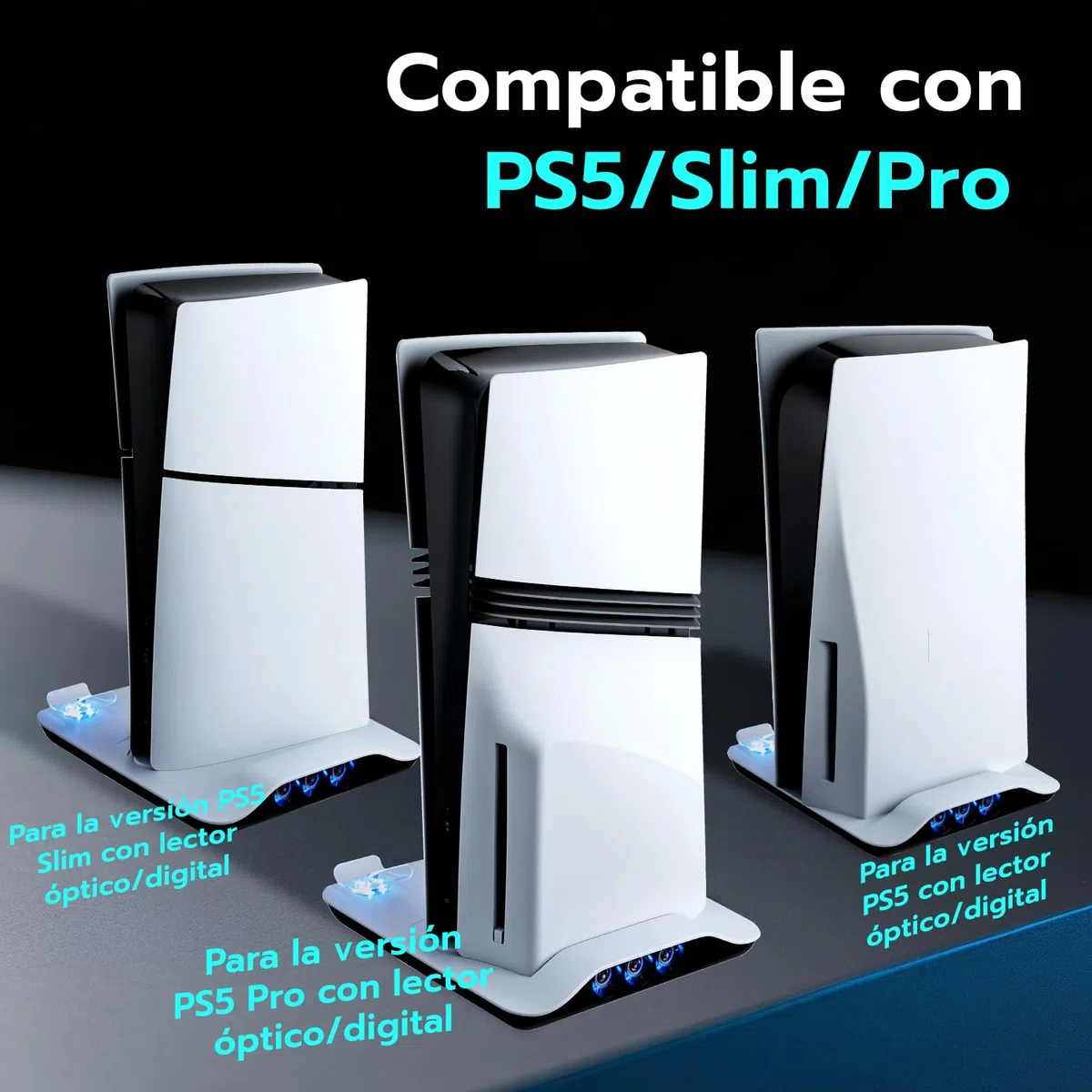 Soporte para PS5 Pro/Slim, luces LED, estación de refrigeración con carga dual
