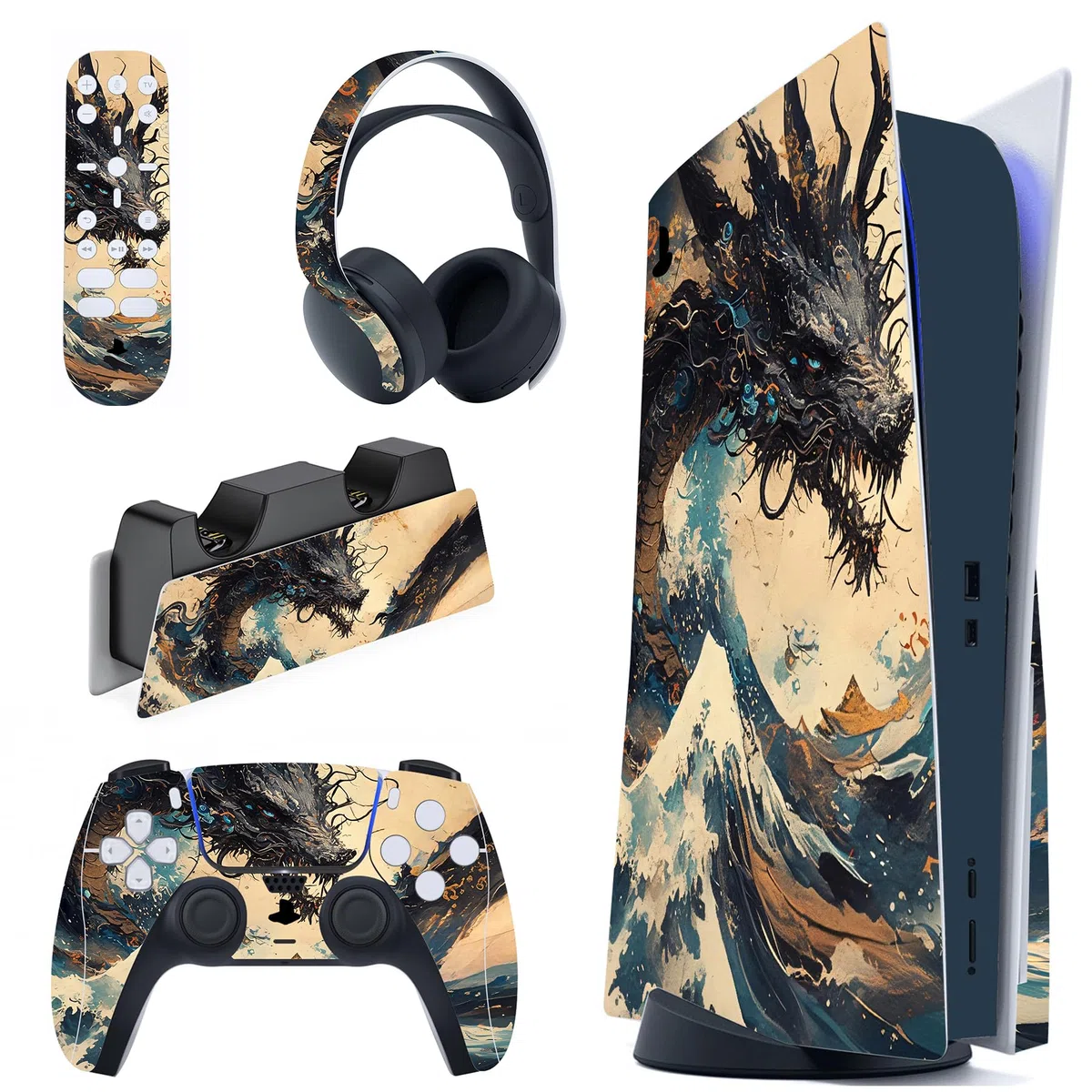 PlayVital Calcomanía Vinilo para ps5 Edición Disc - Pegatina Completa para Consola, Control, Estación de Recarga, Control Remoto y Audífonos, Skins Cubierta Protectora Adhesiva(Dragón Tempestad)
