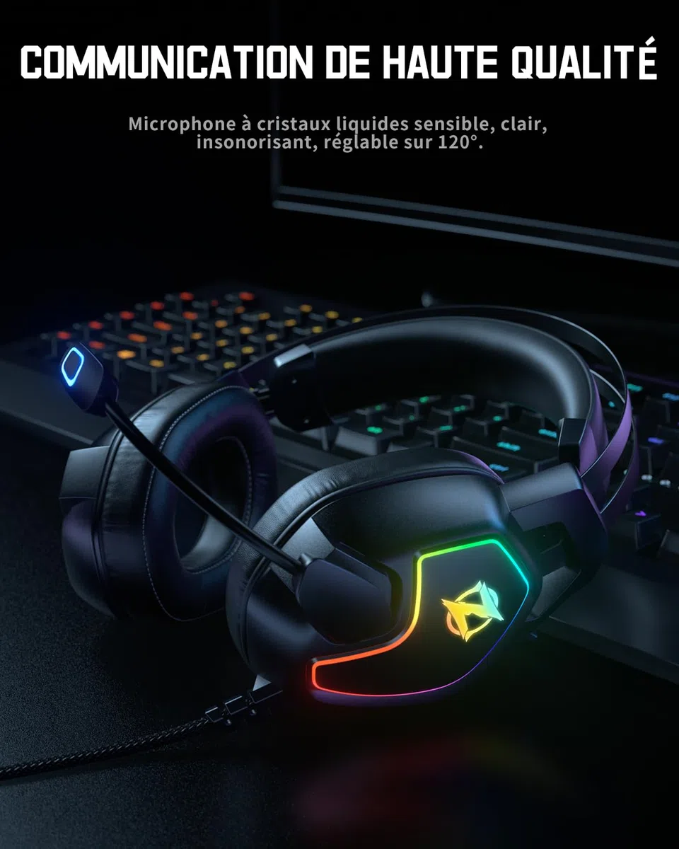 Ozeino - Auriculares de Juego para Ps5 Ps4 PC Xbox Switch, Auriculares de reducción de Ruido con micrófono, luz RGB, Diadema con suspensión automática y Auriculares Jack de 3,5 mm