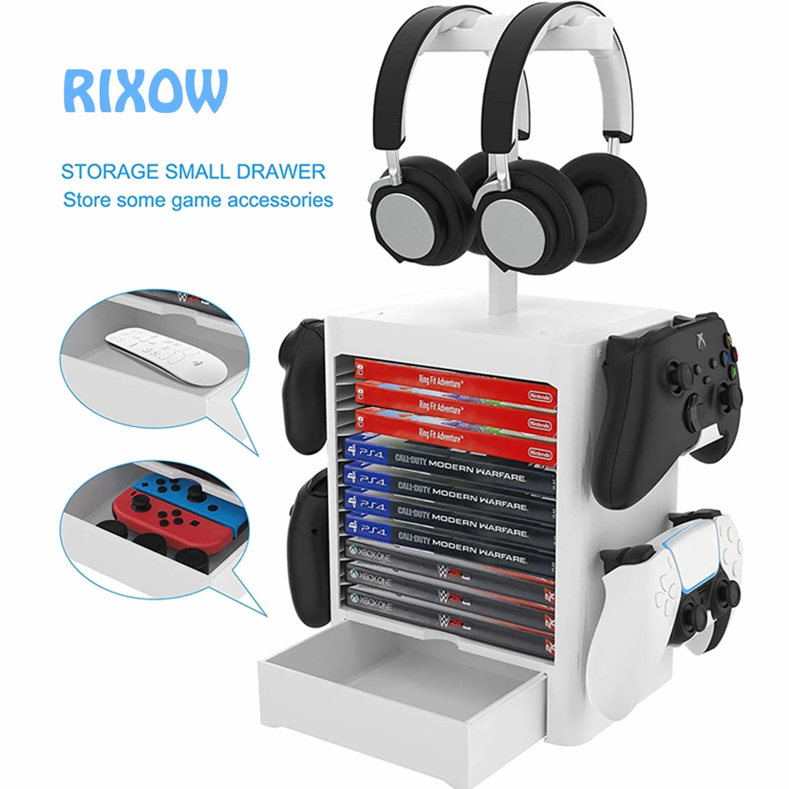Soporte Multifuncional de Almacenamiento de Juegos, Rack de Almacenamiento en Disco de 10 Juegos con Cajón, Soporte para Controlador Auricular Compatible con PS5 PS4 Xbox Series, Gris Claro