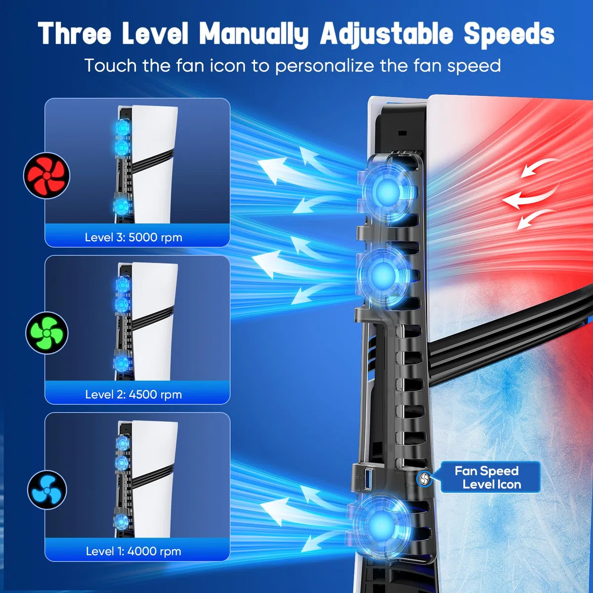 FASTSNAIL Ventilador de refrigeración para consola PS5 Pro/Slim, velocidad automática del ventilador ajustable por temperatura, encendido y apagado automático y modo manual, 3 ventiladores de alta