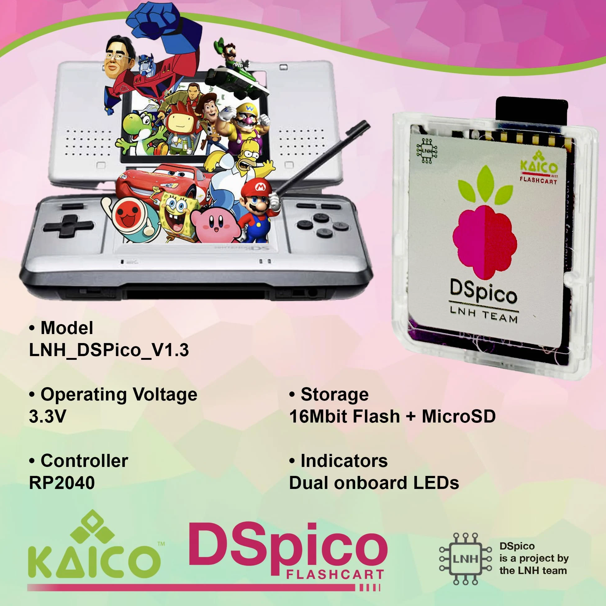 Kaico DSPico DS Flash Cart/Flash Card (R4 Upgrade) for Nintendo DS/DSi – 8GB MicroSD Included, LNH Open-Source RP2040 Design, Dual Power, 6MB/s SD Read, DS Mode & Pico Launcher Support