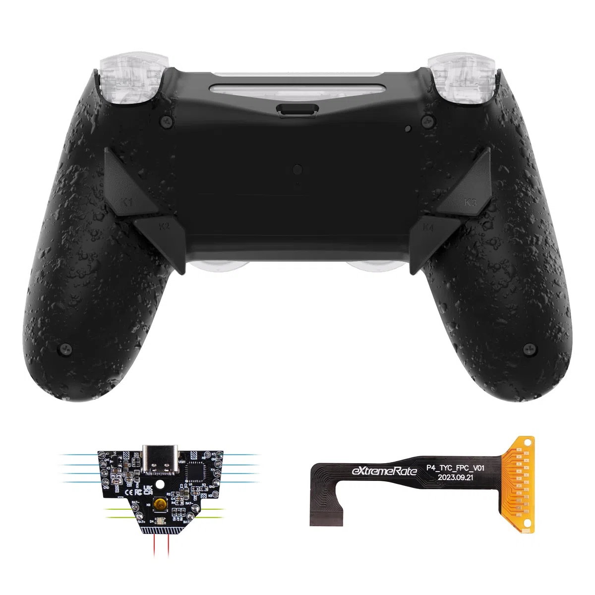 eXtremeRate Dawn Tipo C Versión Remap Kit para ps4 Slim Pro JDM-040/050/055 Mando con 6 Perfiles de Mapeo Carcasa Trasera Rediseñada y 4 Botones Traseros-Sin Controlador(Salpicaduras Negras)