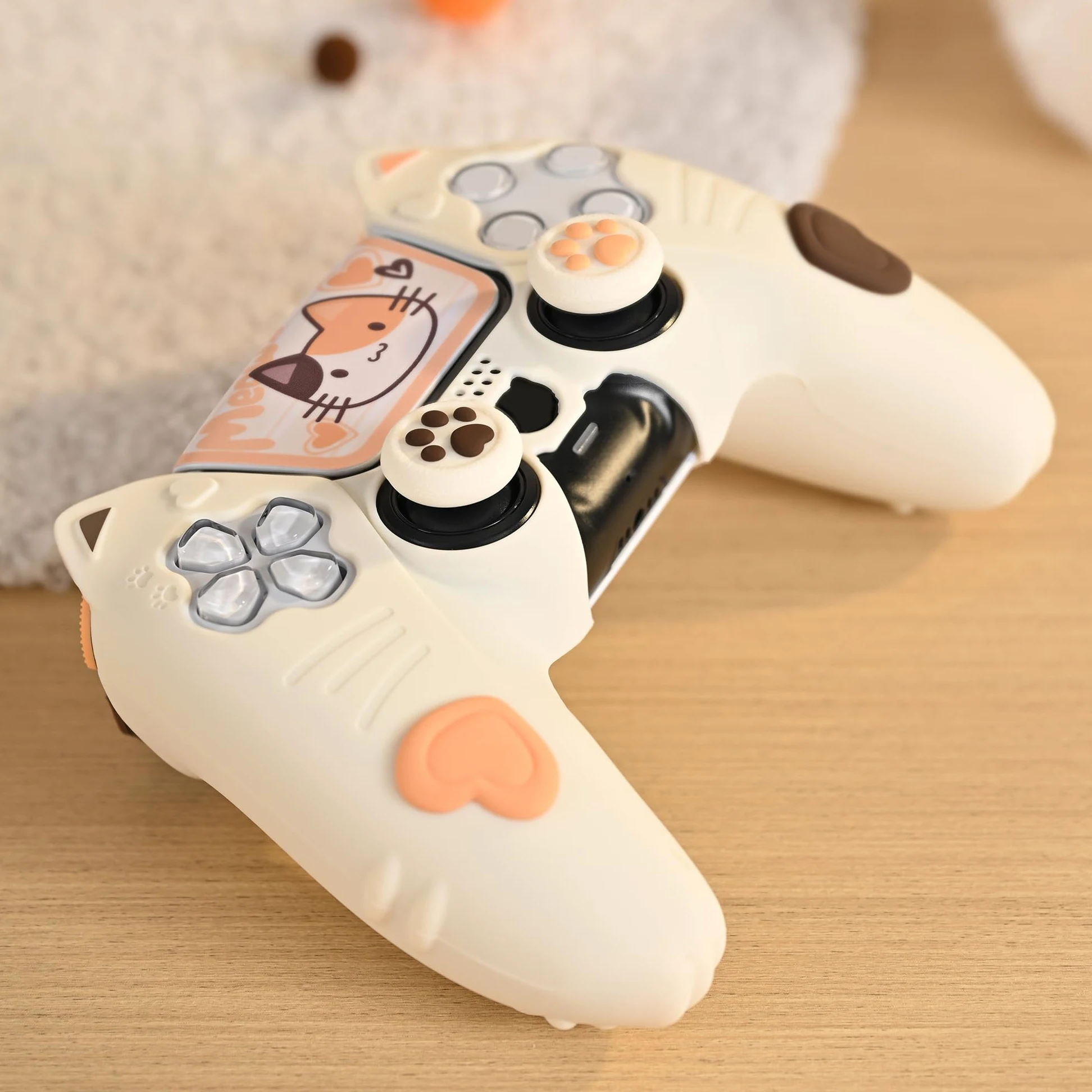 GeekShare Funda Protectora de Silicona para Mando Inalámbrico PS5, Juego de Fundas para Mando PS5 con 2 Tapas de Agarre para Pulgar y 2 Pegatinas - Calico Cat