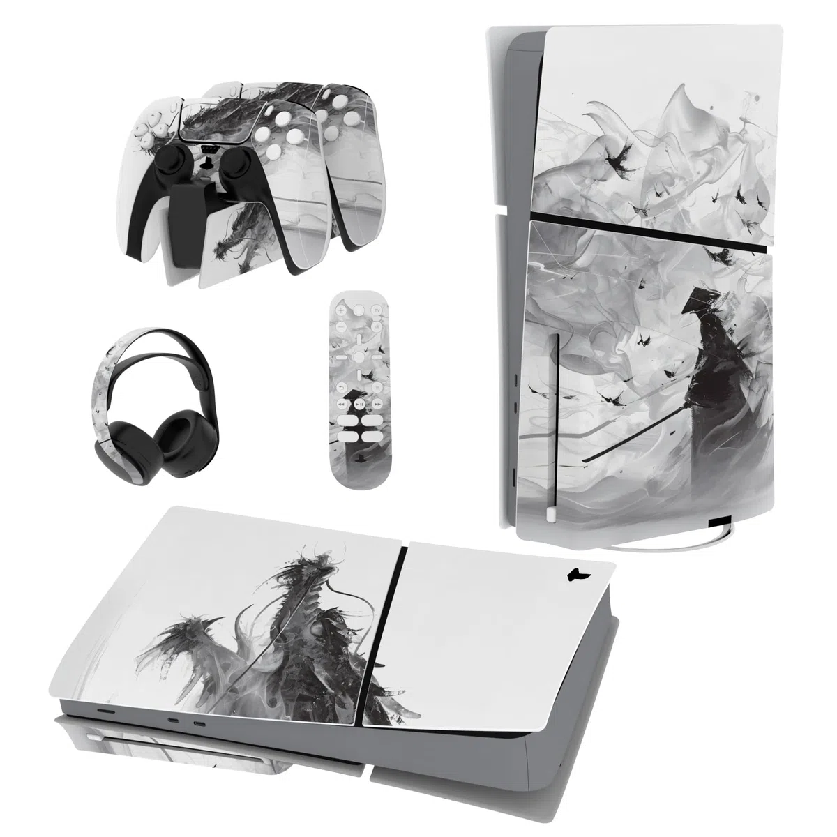 PlayVital Pegatina de Vinilo para ps5 Slim Disc Edición - Adhesivo Completo para Consola, Mando, Auriculares, Estación de Carga y Control Remoto, Skin Personalizada (Dragón De Bruma)