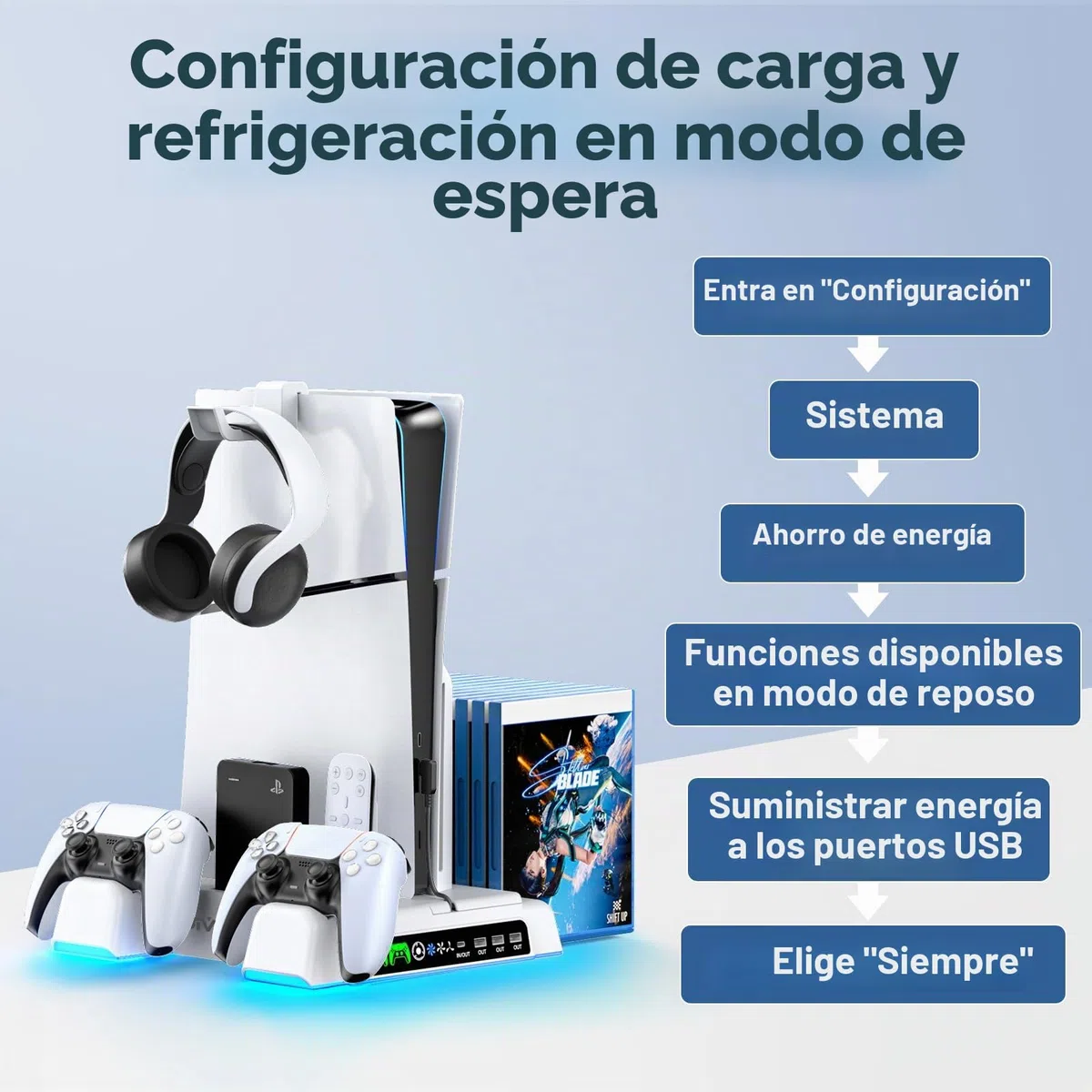 OIVO Soporte para PS5/PS5 Slim/PS5 Pro con Ventilador de 3 Velocidades, Cargador para Mando PS5, Soporte PS5 Vertical con 3 Puertos USB y Ranuras de 14 Juegos, Almacenamiento para PS5