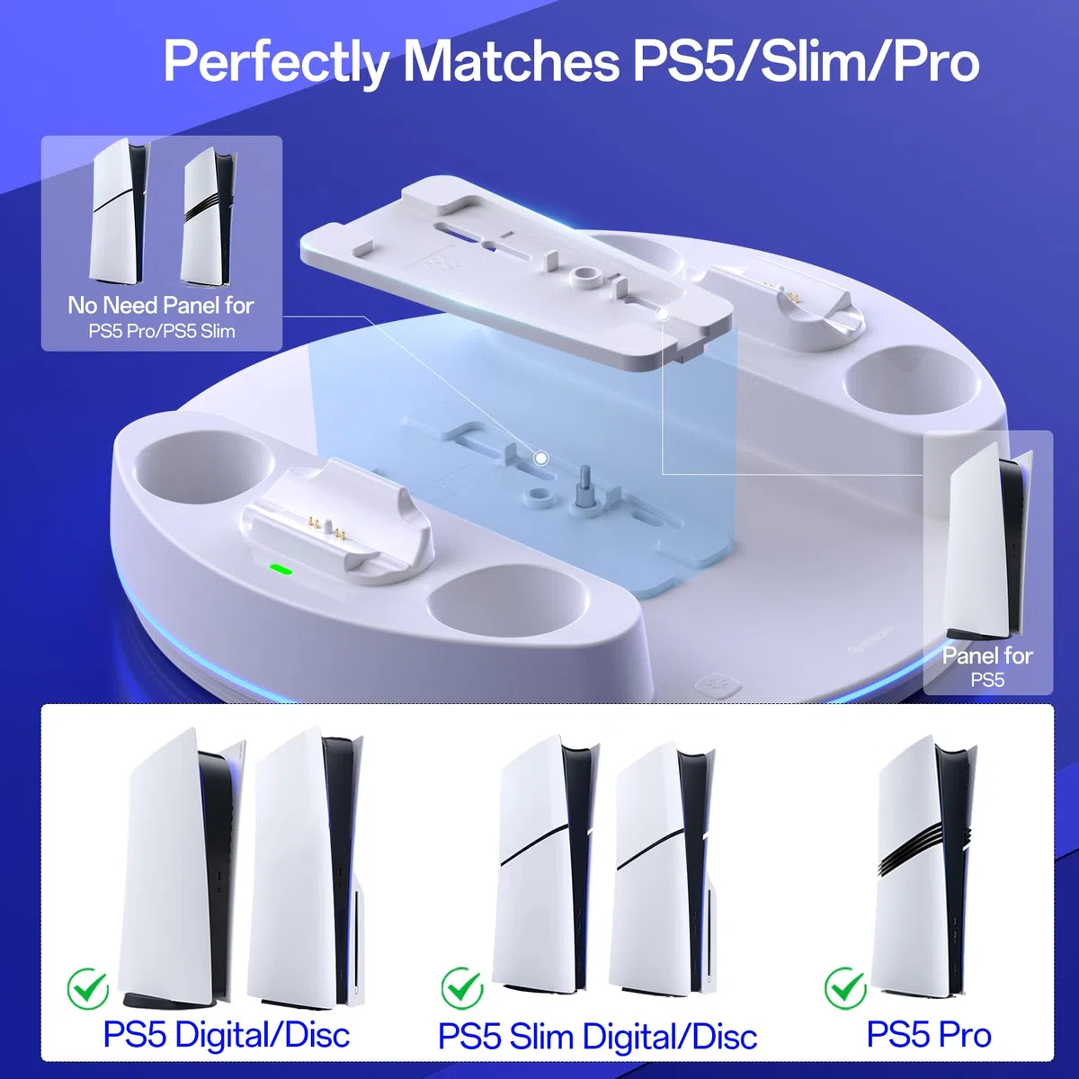 NEWDERY Soporte para PS5/PS5 Slim/PS 5 Pro, estación de Carga de Controlador Dual con luz RGB para PlayStation 5, Soporte Vertical para Consola Digital PlayStation 5/Disco, Color Blanco