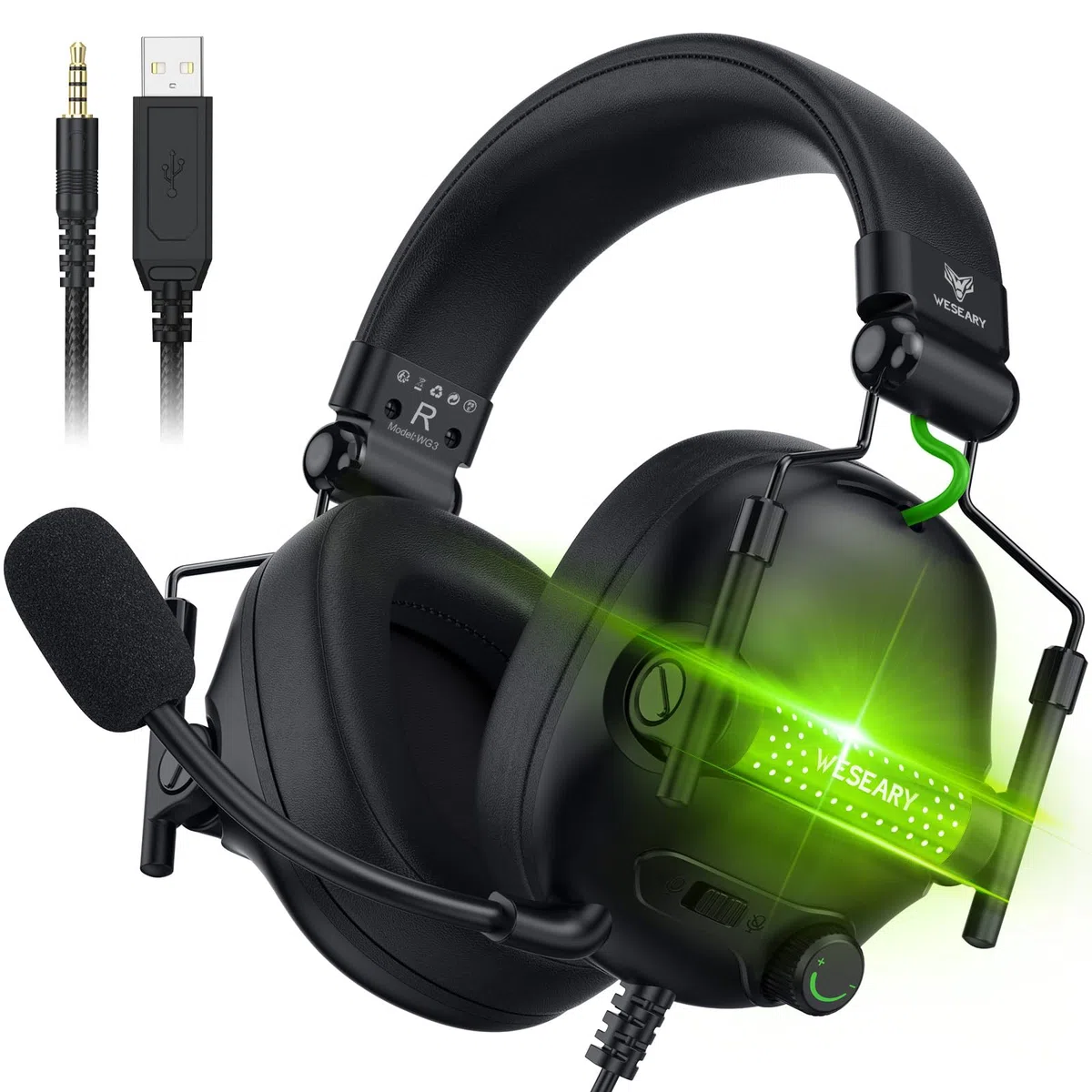 WESEARY Cascos Gaming, Auriculares Gaming Estéreo con Micrófono para PS4, PS5, PC, Xbox One, Switch, Cascos con Cable y Conector de 3.5mm, Cascos Gaming con Luz LED