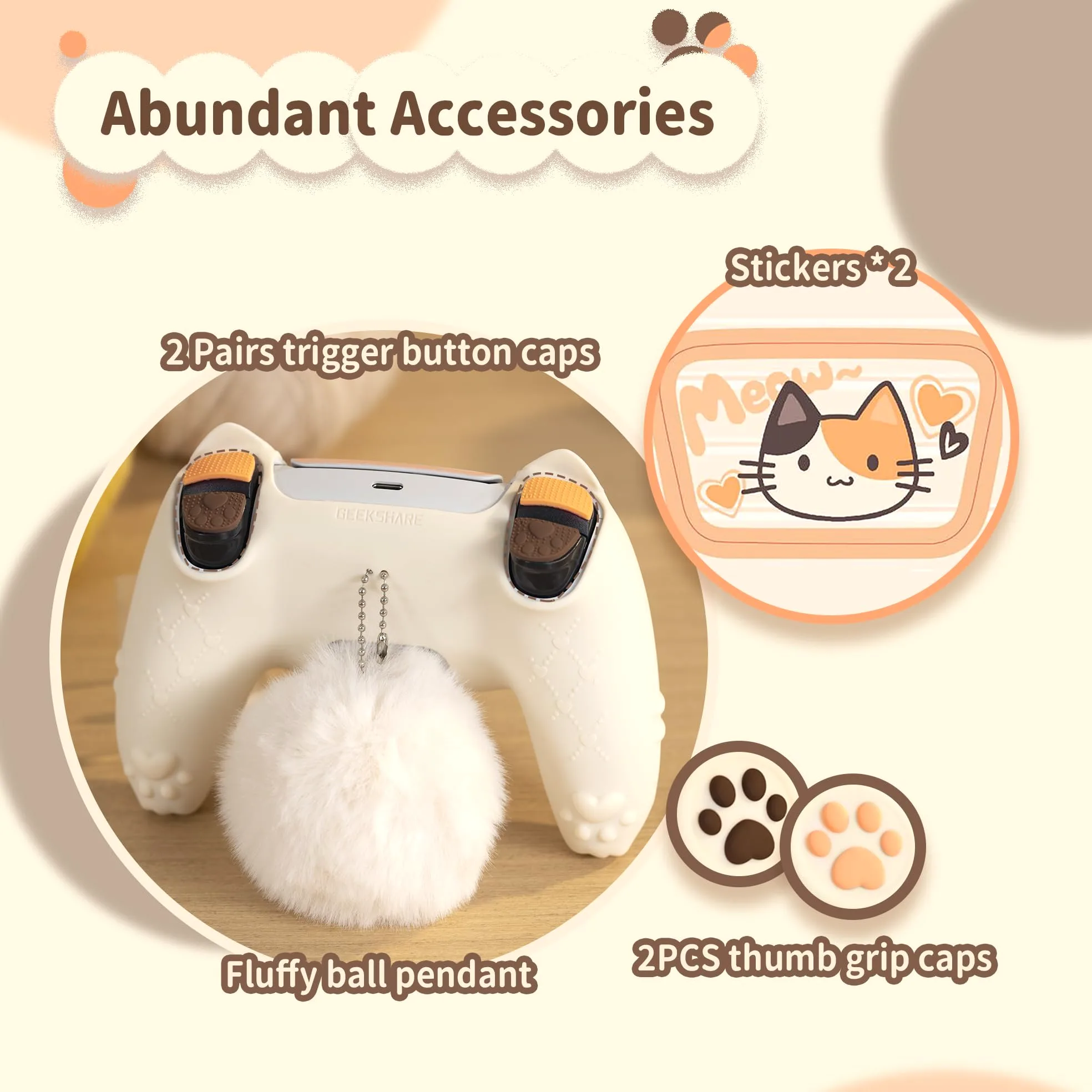 GeekShare Funda Protectora de Silicona para Mando Inalámbrico PS5, Juego de Fundas para Mando PS5 con 2 Tapas de Agarre para Pulgar y 2 Pegatinas - Calico Cat
