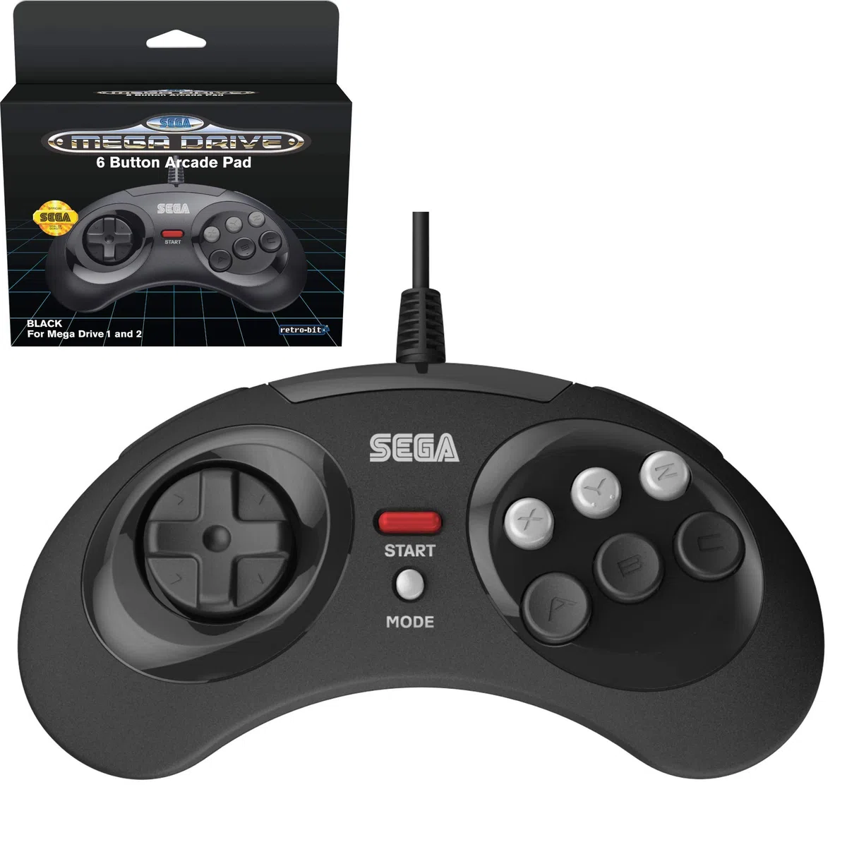 Retro-Bit Official SEGA Mega Drive Controller 6-Button Arcade Pad for Sega Mega Drive/Genesis - Original Port - Black [Importación francesa]