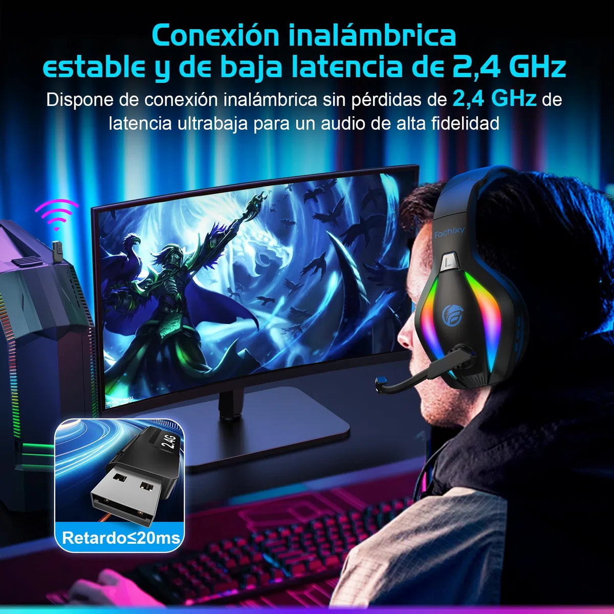 Fachixy「2025 Nuevo」FC100 Cascos Gaming Inalámbricos para PC, PS5, PS4, Auriculares Gaming Inalámbricos de 2,4GHz Wireless+Bluetooth - Baja Latencia, Duración 40Hr+, Luces RGB (Azul-Negro)