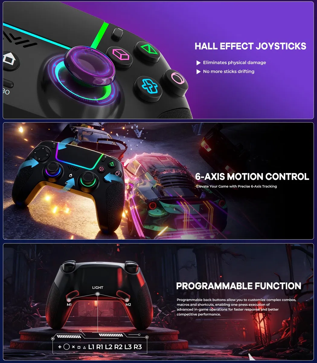 SZPACMATE Mando Inalámbrico para PS4/PS3/Switch/PC/iOS/Android/Steam Deck, con Luces RGB de 8 Colores/Joystick Effect Hall/Batería 1000 mAh/Turbo/Vibración Dual/Programable/Empuñadura Antideslizante
