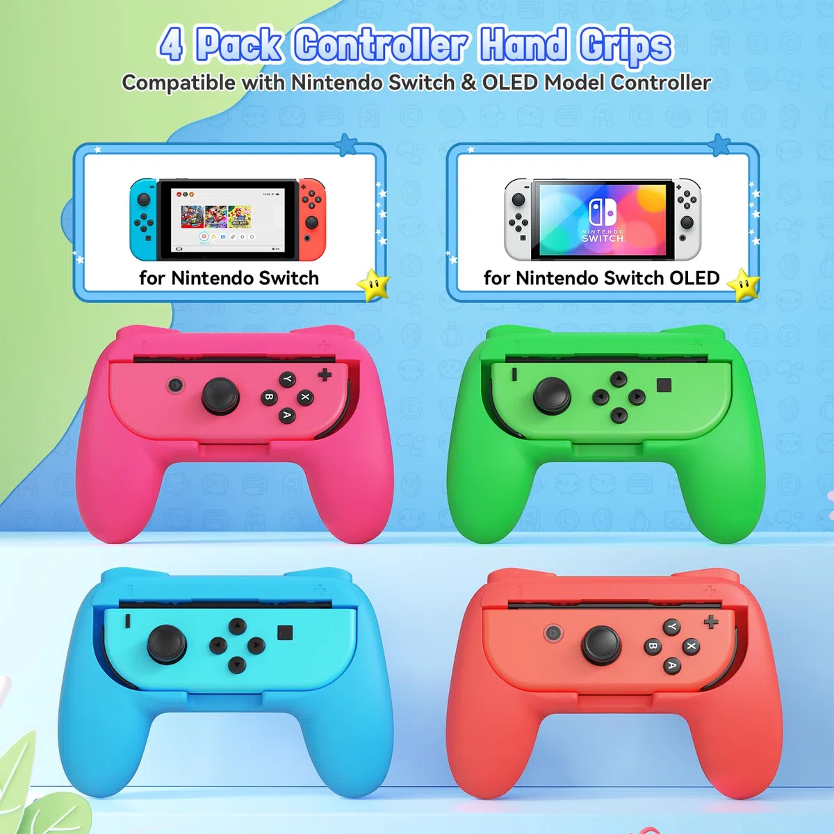 FASTSNAIL Juego de 4 empuñaduras compatibles con Nintendo Switch para Joy Con, controlador de agarre resistente al desgaste para Joy con y modelo OLED con agarre de 12 pulgares