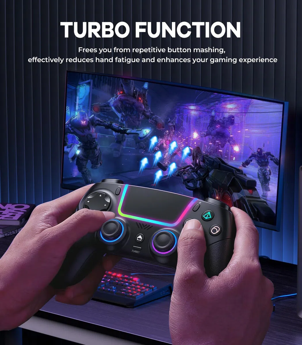 SZPACMATE Mando Inalámbrico para PS4/PS3/Switch/PC/iOS/Android/Steam Deck, con Luces RGB de 8 Colores/Joystick Effect Hall/Batería 1000 mAh/Turbo/Vibración Dual/Programable/Empuñadura Antideslizante