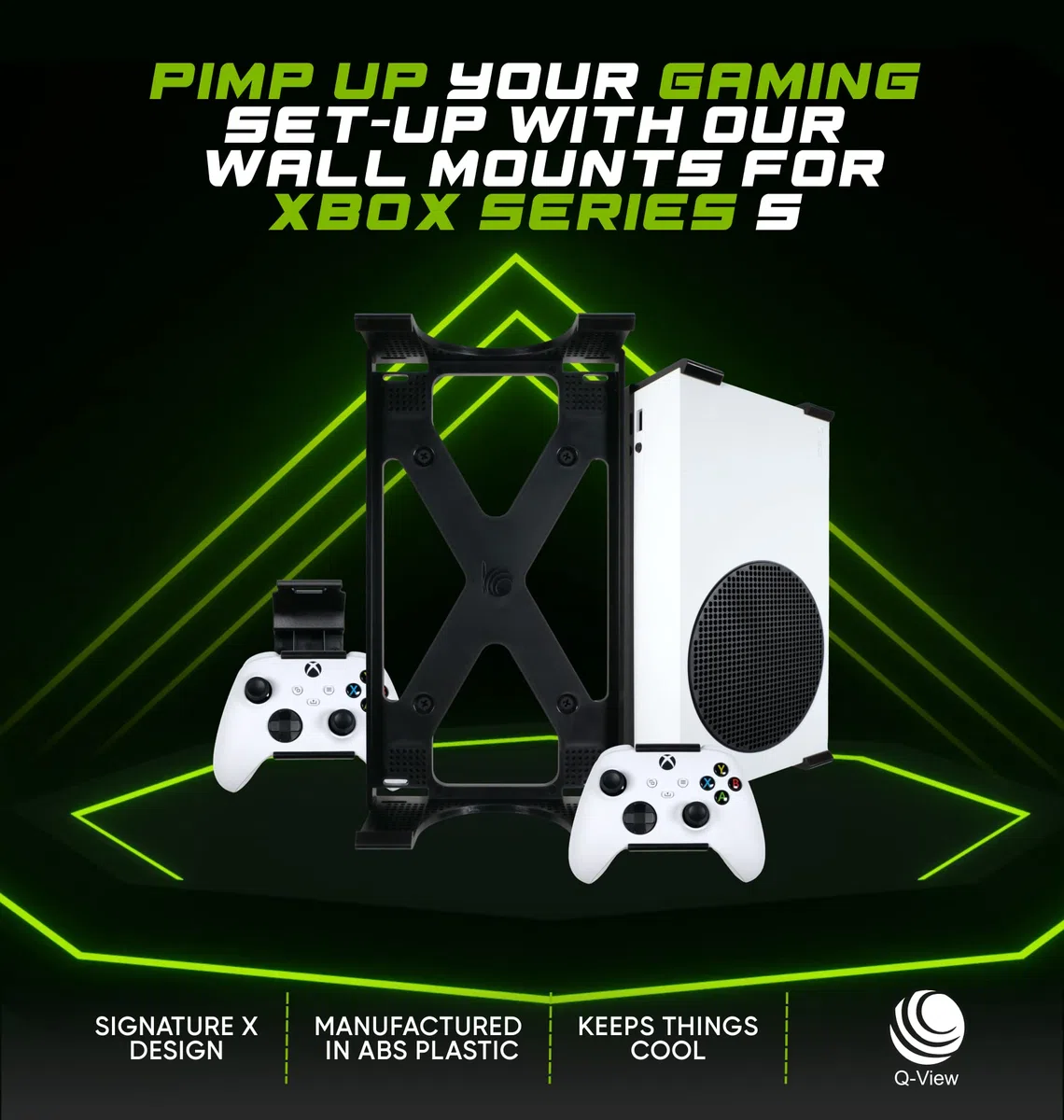Soporte de pared y controladores Xbox Series S por Q-View - Se monta firmemente debajo del escritorio - Diseño Signature X - Tornillos y fijaciones incluidos - Fabricado en el Reino Unido - Plástico -