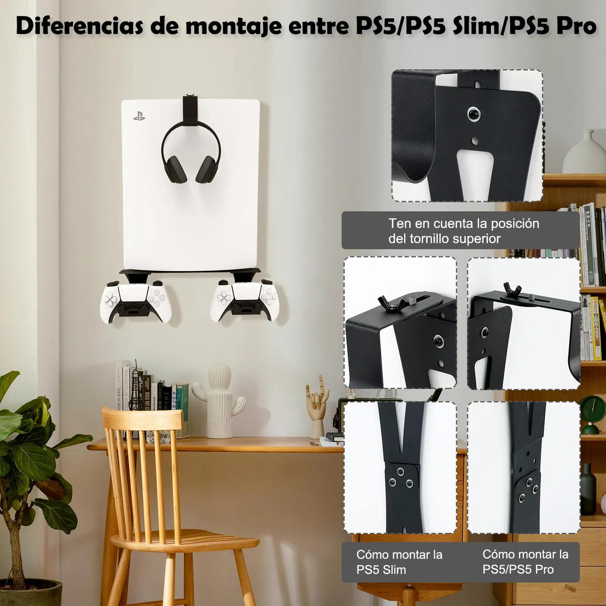 Soporte de Pared para PS5/PS5 Slim/PS5 Pro Soporte de Pared para Consola PS5/PS5 Slim con Soporte para Controlador y Soporte para Auriculares - Accesorios PS5 de Metal sólido - Negro