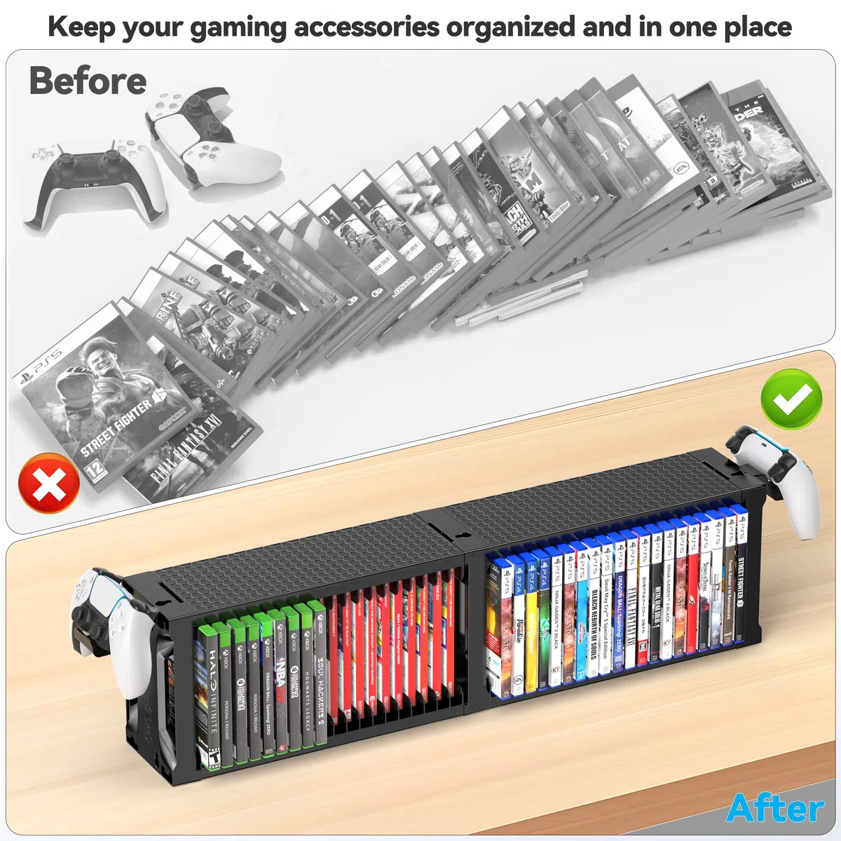 Torre de Almacenamiento de Videojuegos con Soporte para Mando, Soporte Juego para NS 2/PS5/PS4/Xbox, Organizador de Videojuegos para 40 Discos, Vertical & Horizontal Estantería Discos, Accesorio juego