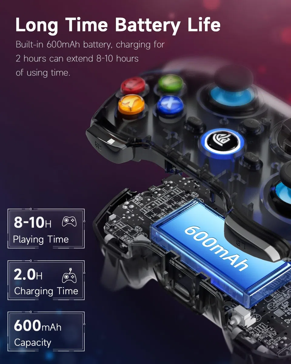 EasySMX 2.4G/Bluetooth Mando PC Inalambrico con Hall Trigger - Turbo - Vibración - Batería Incorporada - para PC/PS3/Switch/Android TV Box/Móvil/Tableta/Portátil - Negro con Azul