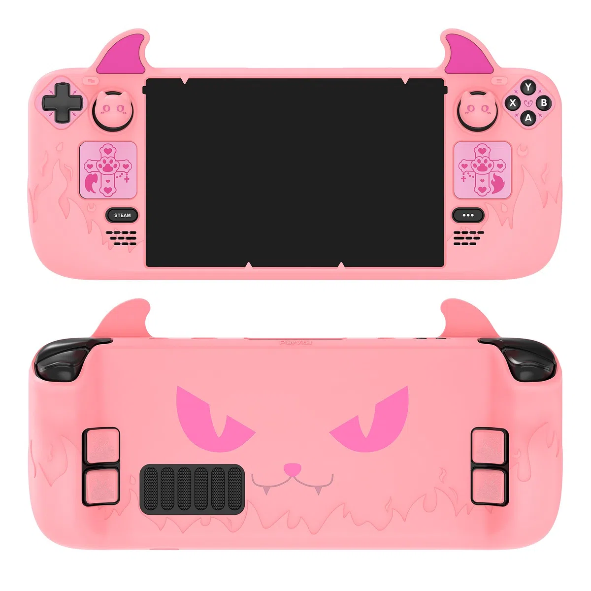 PlayVital Funda de Silicona para Steam Deck LCD & OLED - Protector Antideslizante con Tapas de Joystick & Pegatinas para Trackpad & Mejora de Botones Traseros Set, Diseño Cute Demon (Rosa)