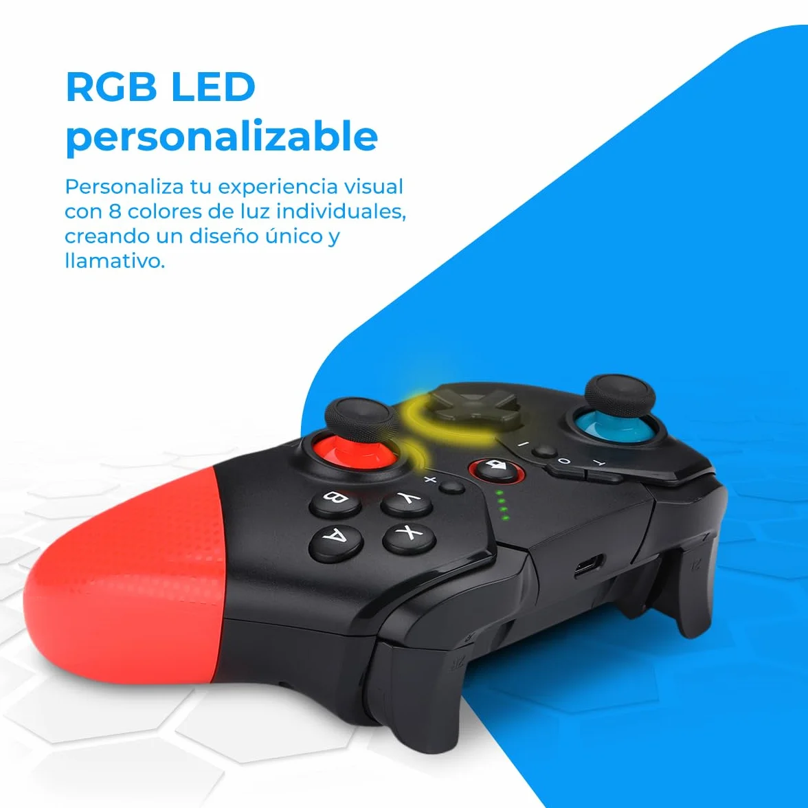 NK Mando PRO Switch Inalámbrico- Wireless Pro Switch Controller con Función Macro/Wake/Turbo/Gyro Axis/Doble Vibración/RGB Light - Color Negro/Rojo/Azul