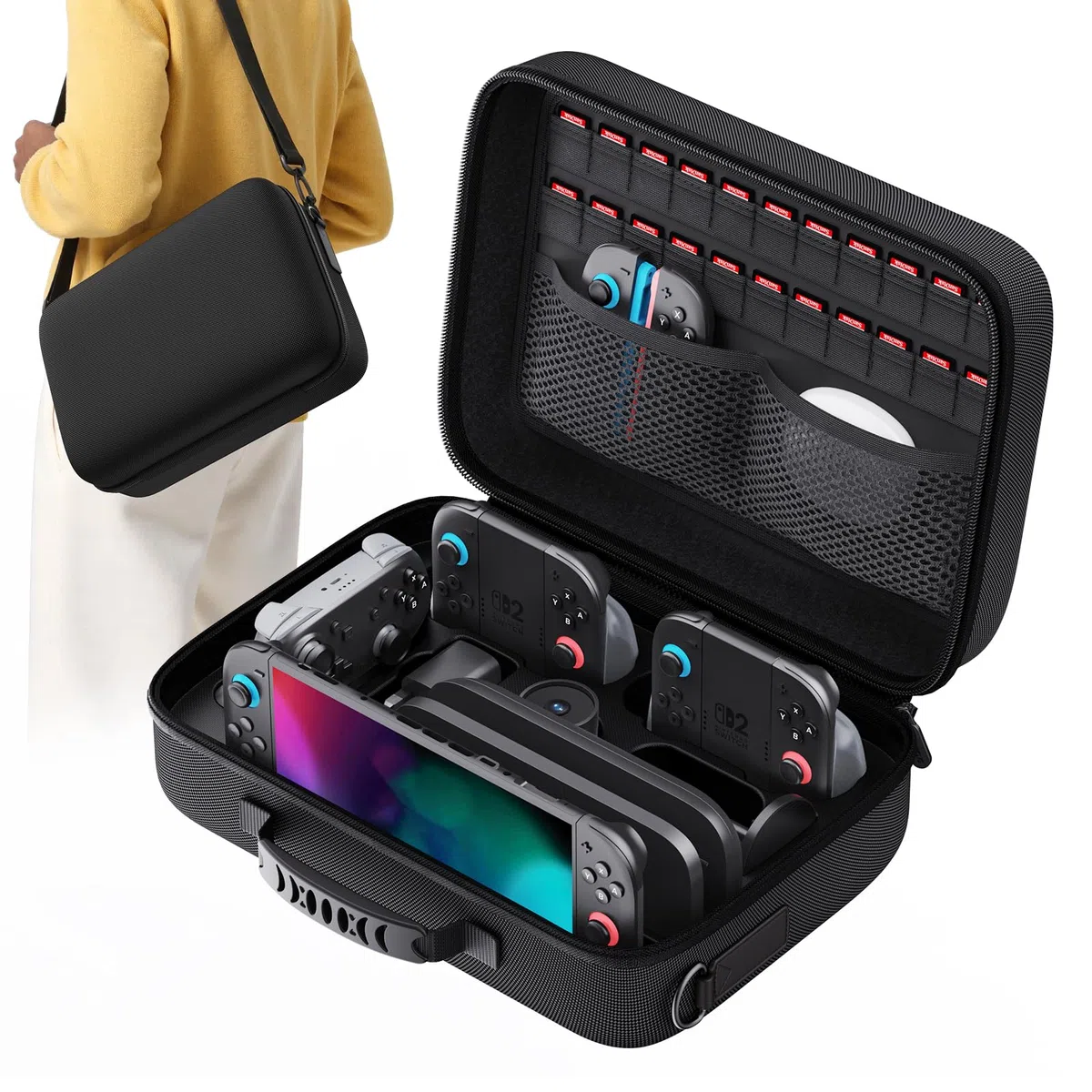 Lmcpa Funda para Nintendo Switch 2,Funda Protectora Dura de Viaje Rígida Todo en uno Grande,Estuche Rígida Portátil con Protección 22 Ranuras para Juegos para Switch 2 Accesorios,Negro