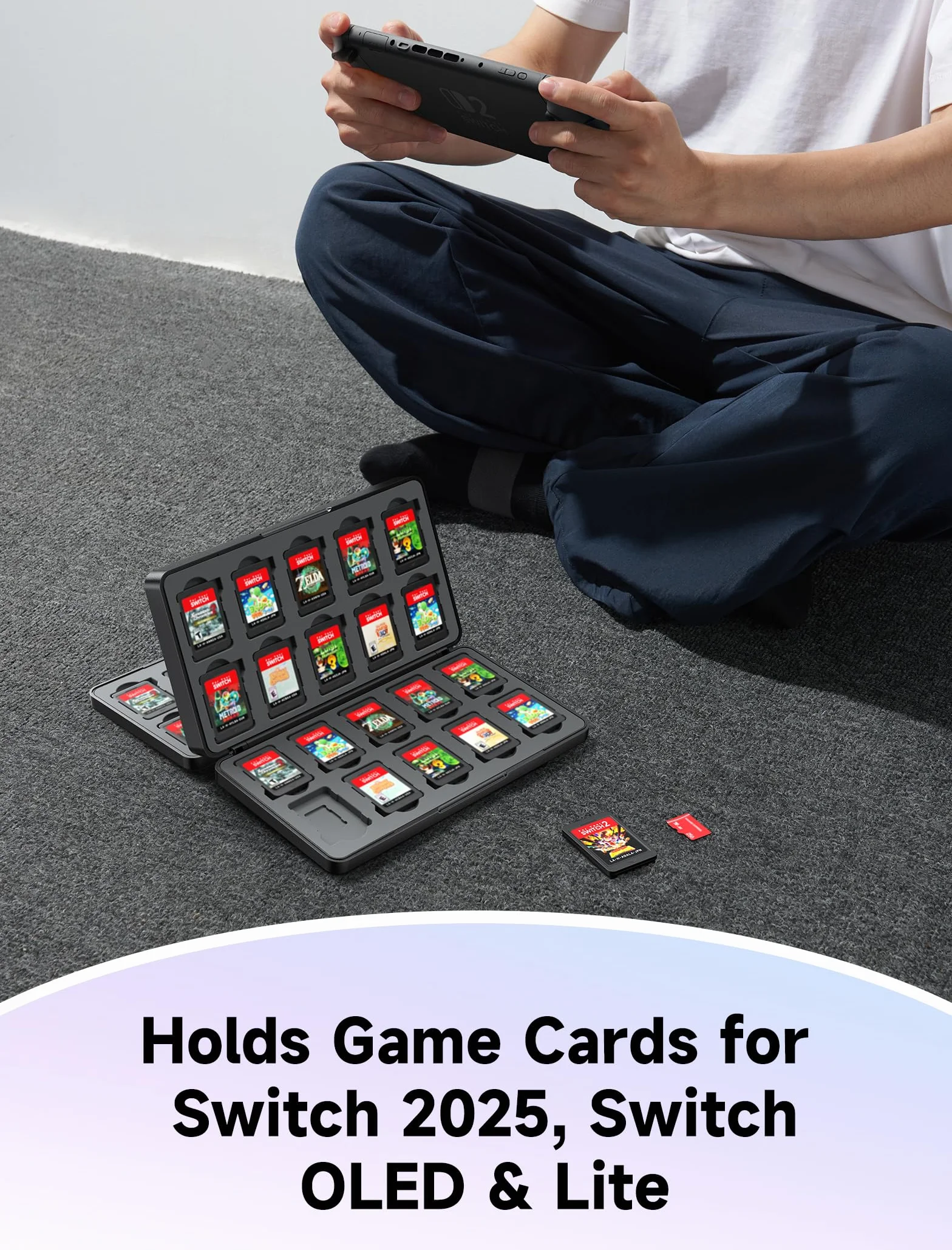 JSAUX Caja para Tarjetas de Juego Compatible con Nintendo Switch 2 (2025), Switch OLED y Lite, Game Card Case Estuche rígido para 40 Cartuchos y Tarjetas Micro SD, Accesorio para Switch – Negro