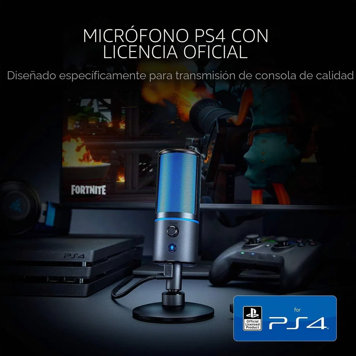 Razer Seiren X para PlayStation - Micrófono de condensador USB para transmisión en PS4 y PS5 (compacto con amortiguador, patrón de grabación supercardioide, botón de silencio) Negro-Azul