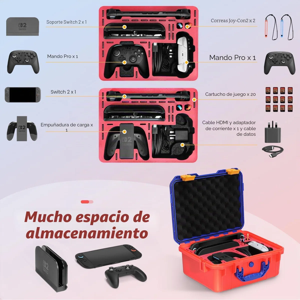 FPVtosky Estuche rígido para Switch 2, Bolsa de Viaje portátil Impermeable para Accesorios de Switch 2, Tiene Capacidad para 2 Pro Controllers, 22 Tarjetas de Juego y Cable HDMI(en Color)