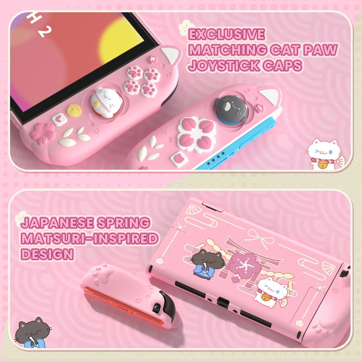 PlayVital Funda Protectora para Nintendo Switch 2 (2025) - Agarre de Silicona con Carcasa Trasera de PC, Protector con Soporte Plegable y Tapas para Joysticks, Diseño Gatito Lindo (Rosa)