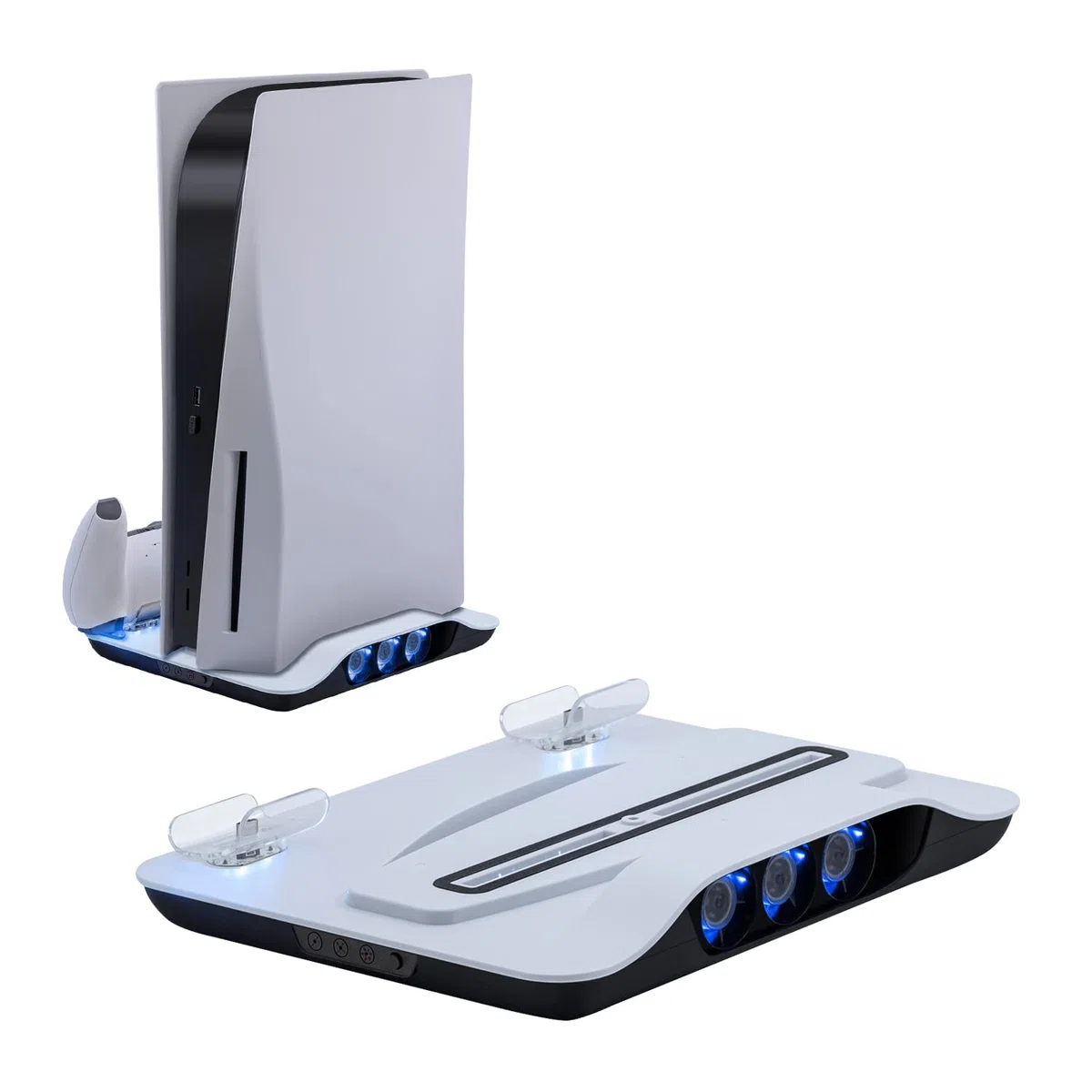 Mcbazel - Estación de Carga Vertical para Consola PS5, Soporte Multifuncional con luz Azul y LED, Carga rápida para mandos de Juego para Consola PS5 - Blanco (no para PS5 Slim)