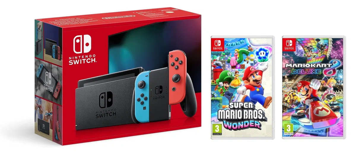 Consola Nintendo Switch - Color Azul Neón/Rojo Neón + Super Mario Bros. Wonder + Mario Kart 8 Deluxe