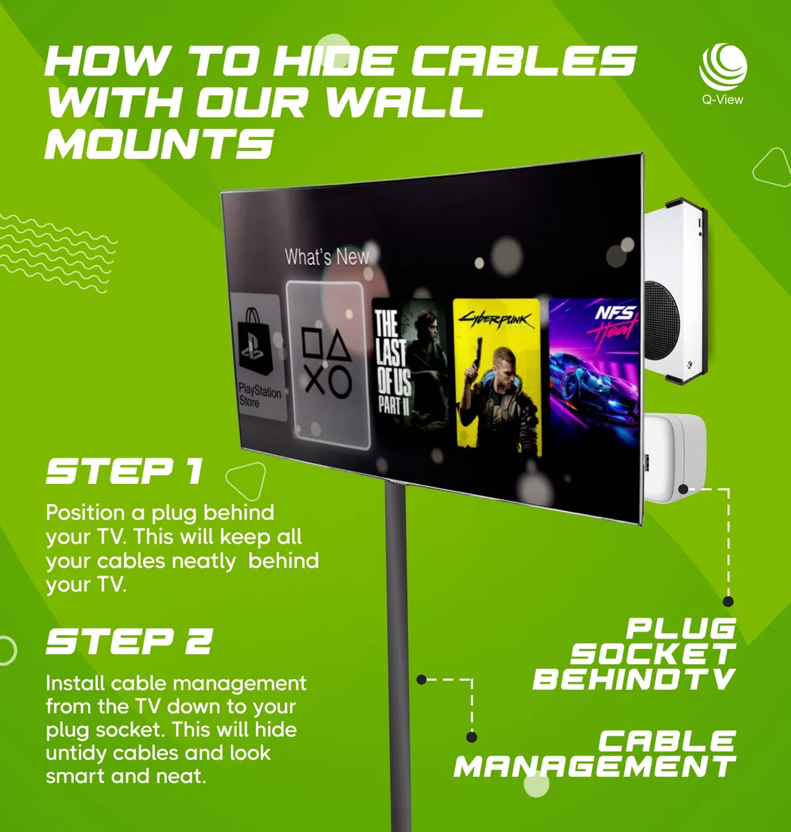 Soporte de pared y controladores Xbox Series S por Q-View - Se monta firmemente debajo del escritorio - Diseño Signature X - Tornillos y fijaciones incluidos - Fabricado en el Reino Unido - Plástico -