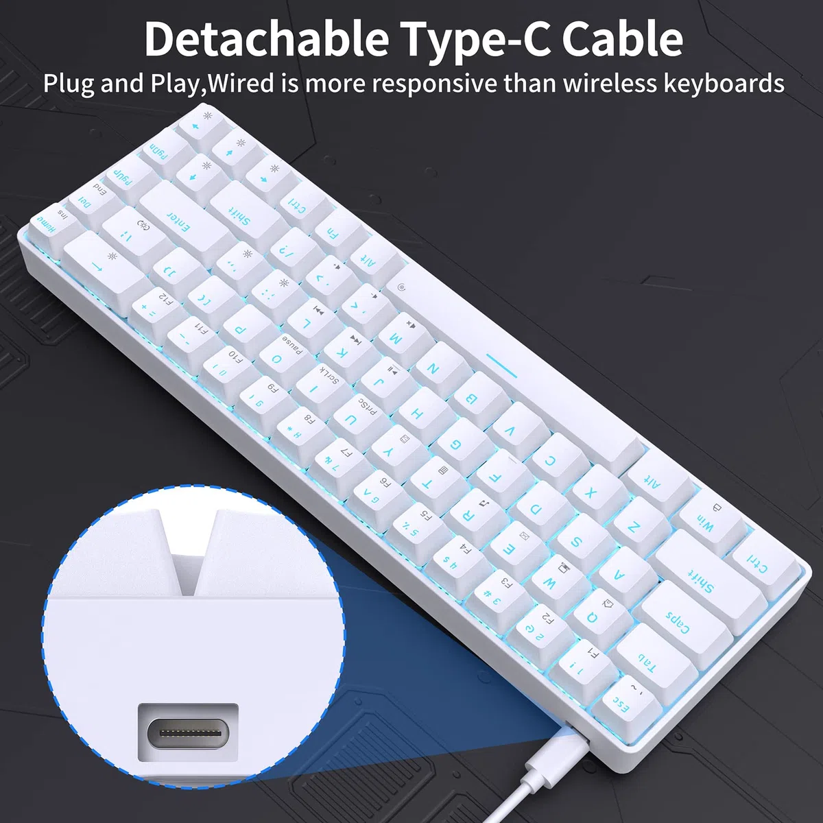 Dierya T68SE Teclado Mecánico Gaming Mini 60% Blue Switch Mechanical Keyboard con Retroiluminación LED,Cable USB-Type C,Teclado Ultra-Compacto 68 Teclas Anti-Fantasma US Layout para PC/Windows