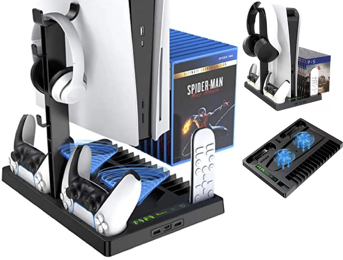 Soporte para PS5 con 2 Ventiladores de Refrigeración, Cargador Rápido para 2 Mandos PS5, Soporte para Auriculares PS5, 2 Salidas USB y 1 Salida USB-C Delanteras, Indicadores LED de Carga.
