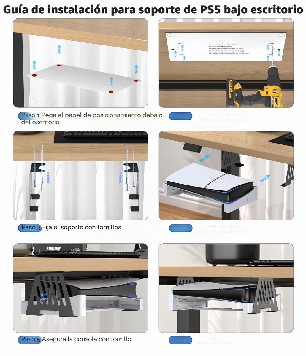 Soporte Bajo Mesa para PS5 para Todos PS5 Consola Disco & Digital, Horizontal Soporte Bajo Escritorio para PS 5 de Metal, Oculto Soportes para PS 5 Compatible con Consola PS5/Slim/Pro