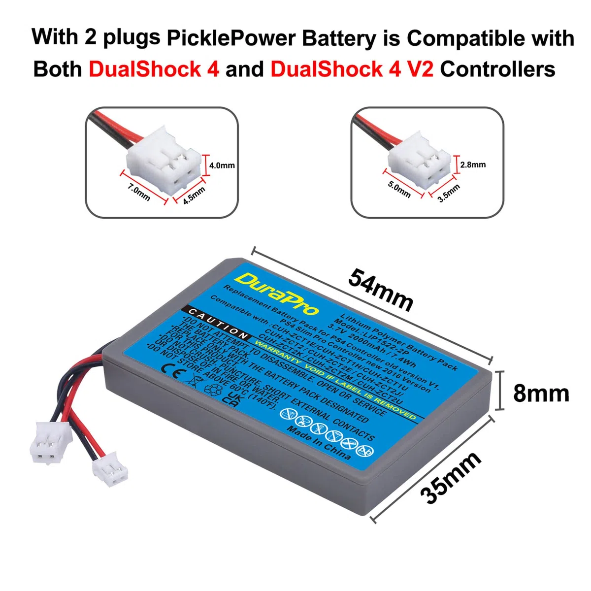 DuraPro 2 x 2000 mAh - Batería LIP1522 compatible con Sony PlayStation 4 PS4 V1 V2 Dualshock 4 CUH-ZCT1E CUH-ZCT1H CUH-ZCT1U CUH-ZCT2 o CUH-ZCT2U